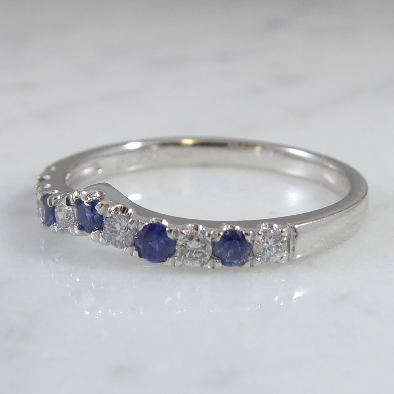 Modern Sapphire and Diamond Wishbone Band Ring, New and Unworn, Platinum