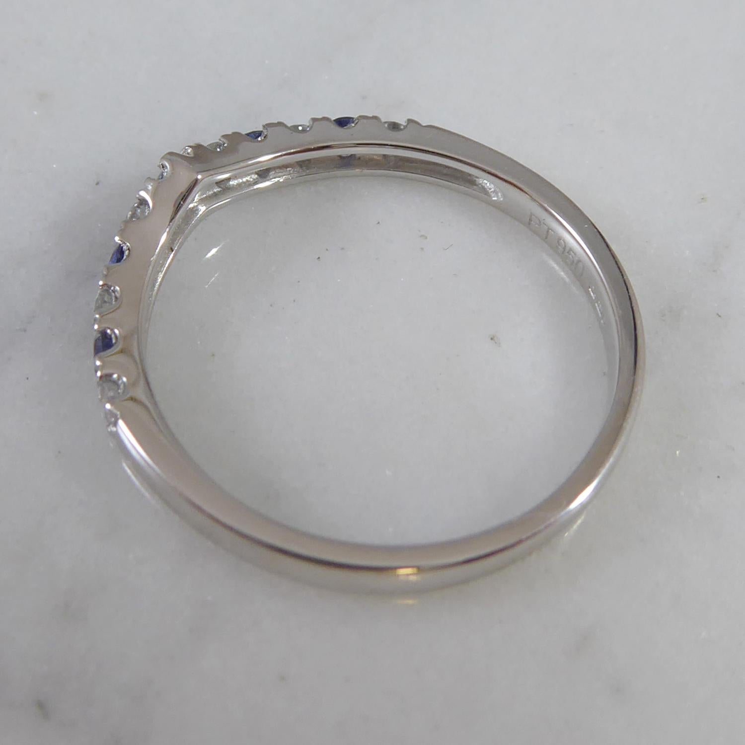 Round Cut Sapphire and Diamond Wishbone Band Ring, New and Unworn, Platinum