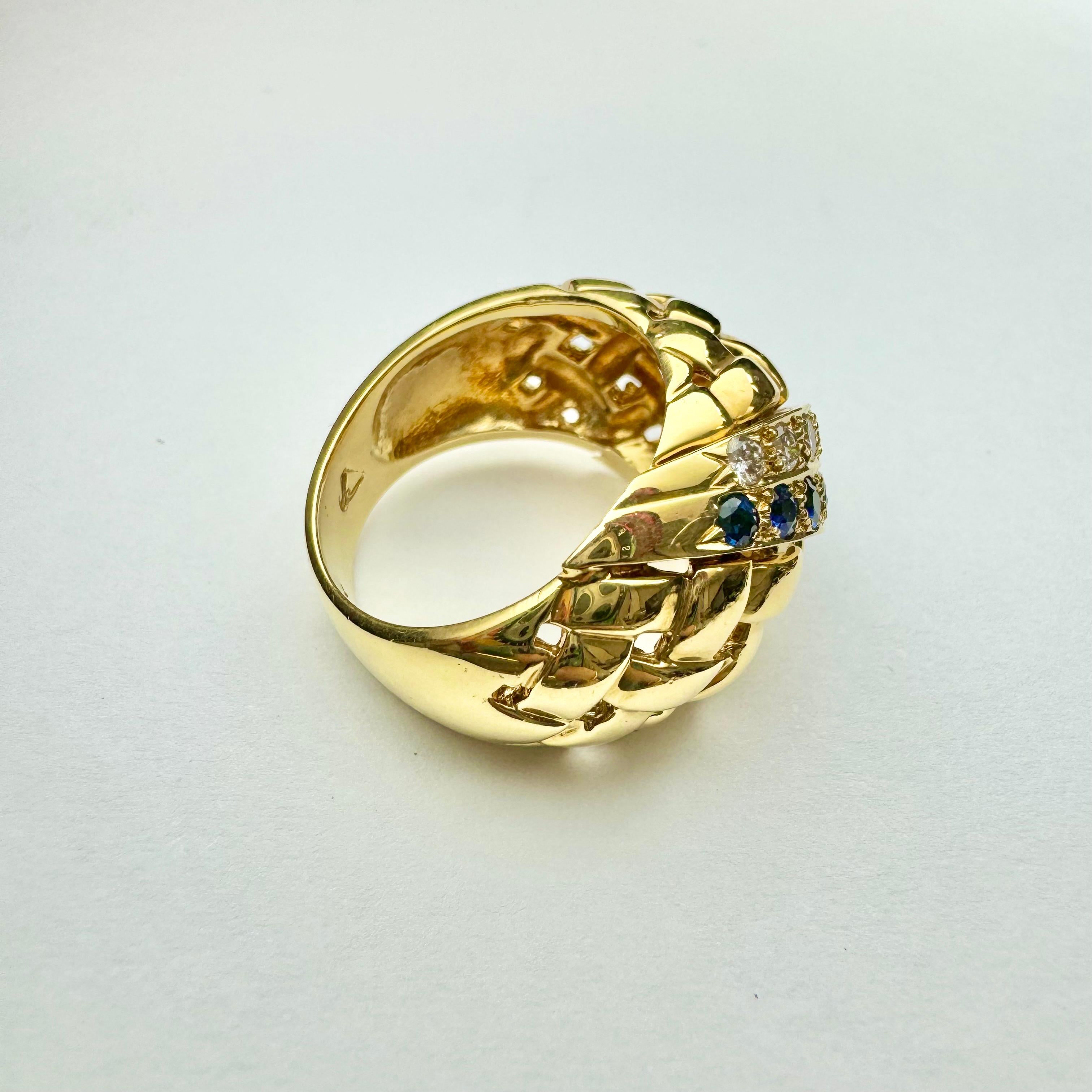Modern Sapphire and Diamond Woven Ring in Solid 18k yellow Gold For Sale