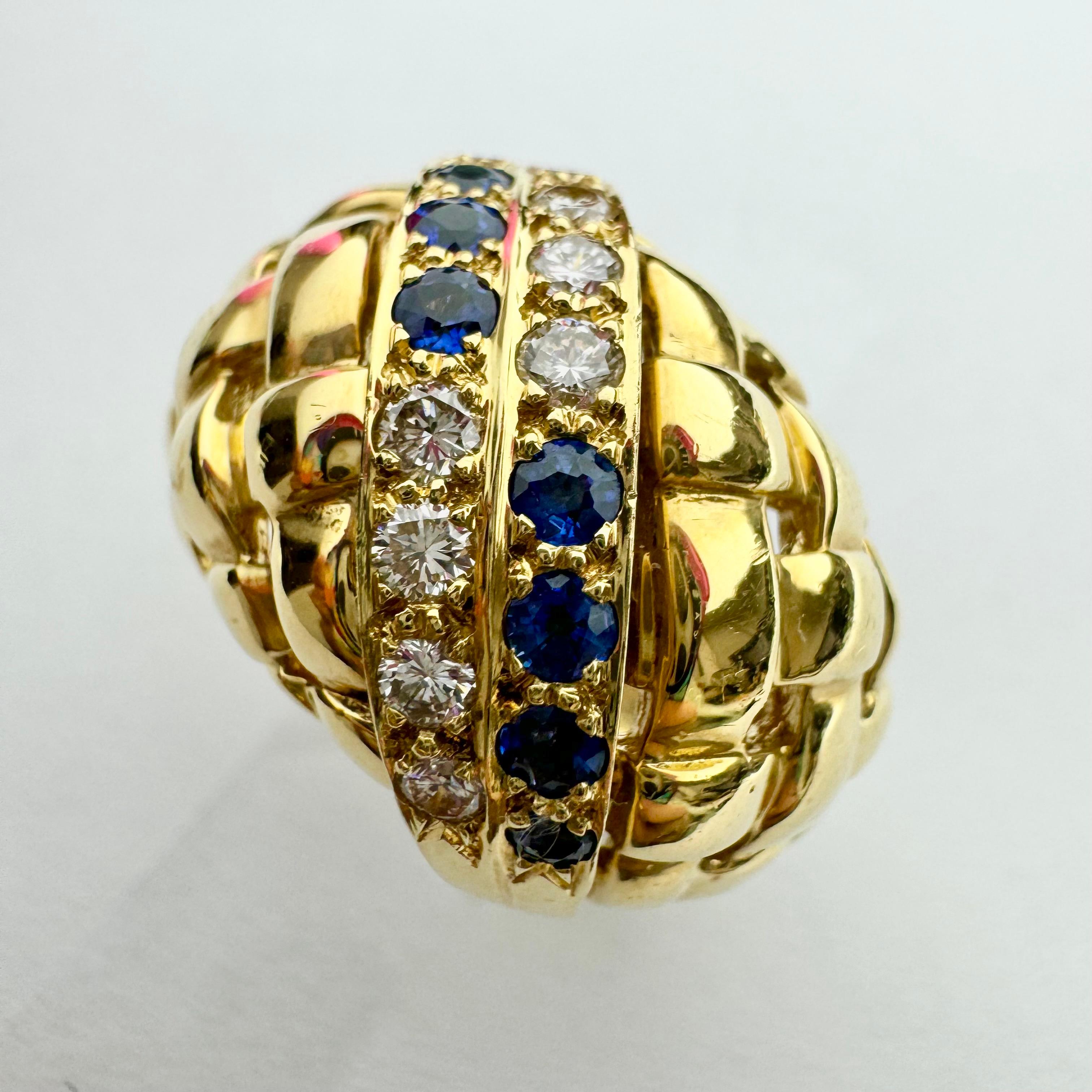 Women's Sapphire and Diamond Woven Ring in Solid 18k yellow Gold For Sale