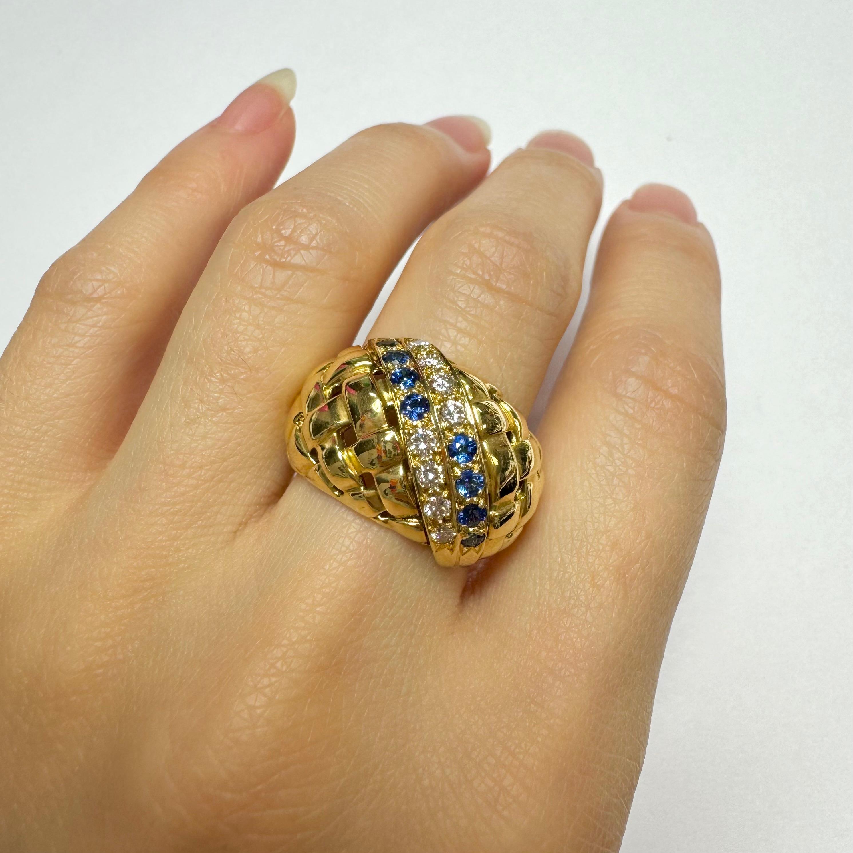 Sapphire and Diamond Woven Ring in Solid 18k yellow Gold For Sale 1