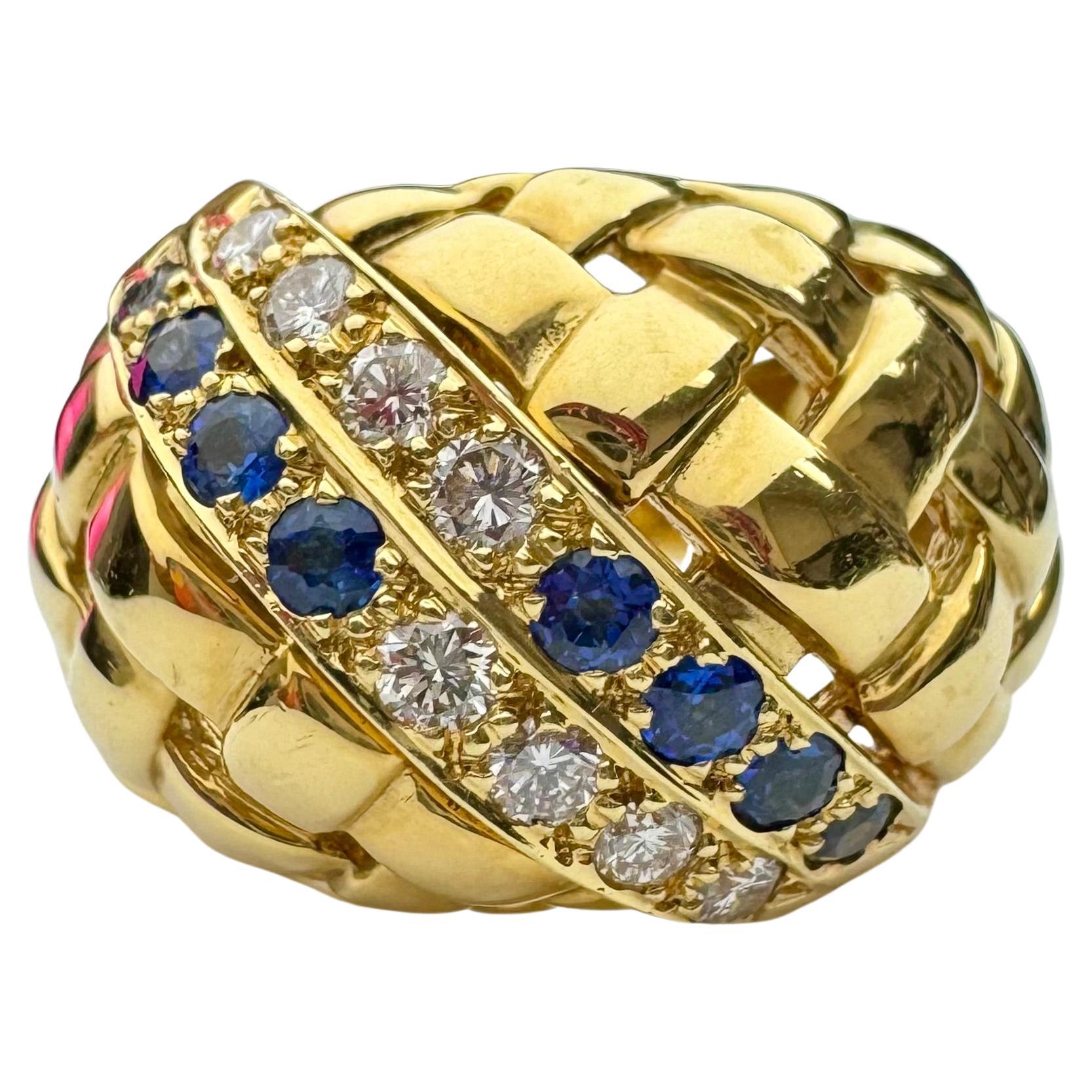 Sapphire and Diamond Woven Ring in Solid 18k yellow Gold For Sale