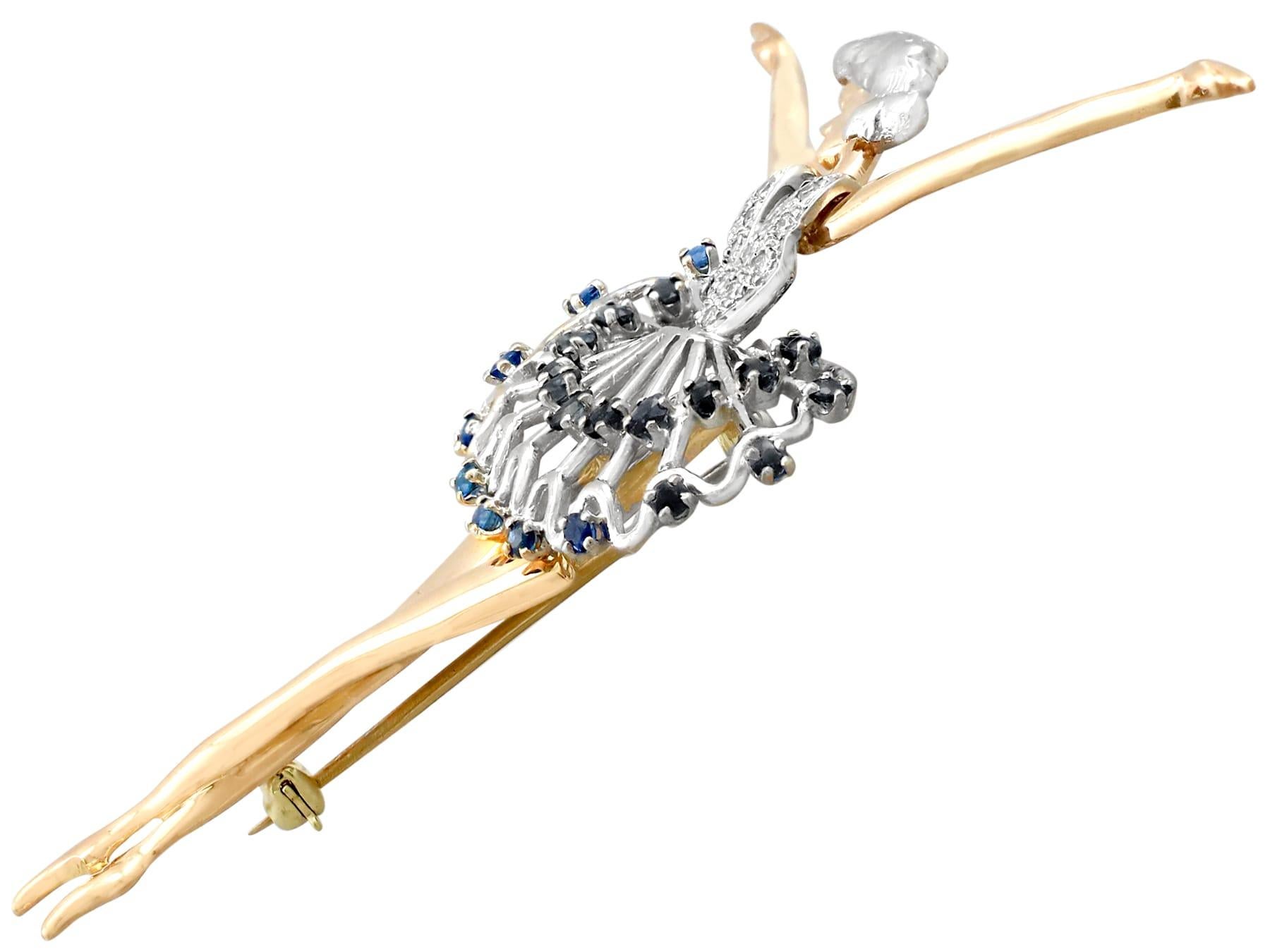 Round Cut Sapphire and Diamond Yellow Gold Ballerina Brooch For Sale