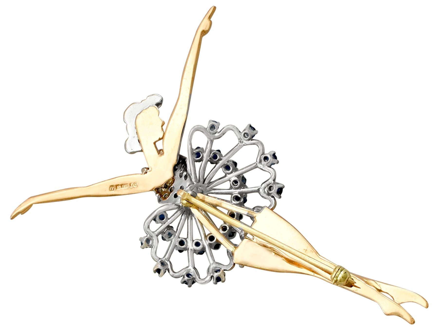 Sapphire and Diamond Yellow Gold Ballerina Brooch In Excellent Condition For Sale In Jesmond, Newcastle Upon Tyne