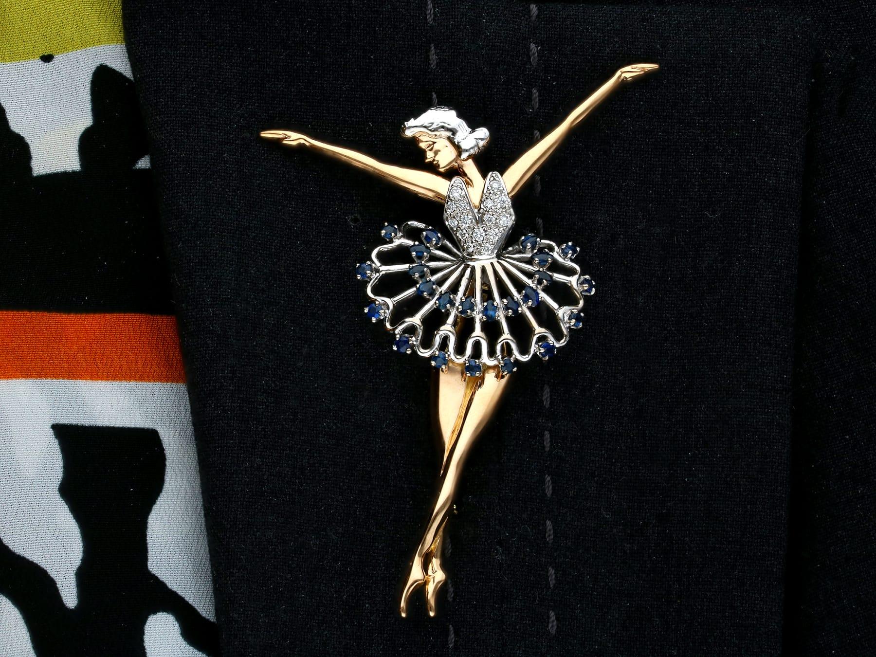 Sapphire and Diamond Yellow Gold Ballerina Brooch For Sale 3