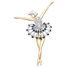 Gelbgold Ballerina-Brosche mit Saphiren und Diamanten