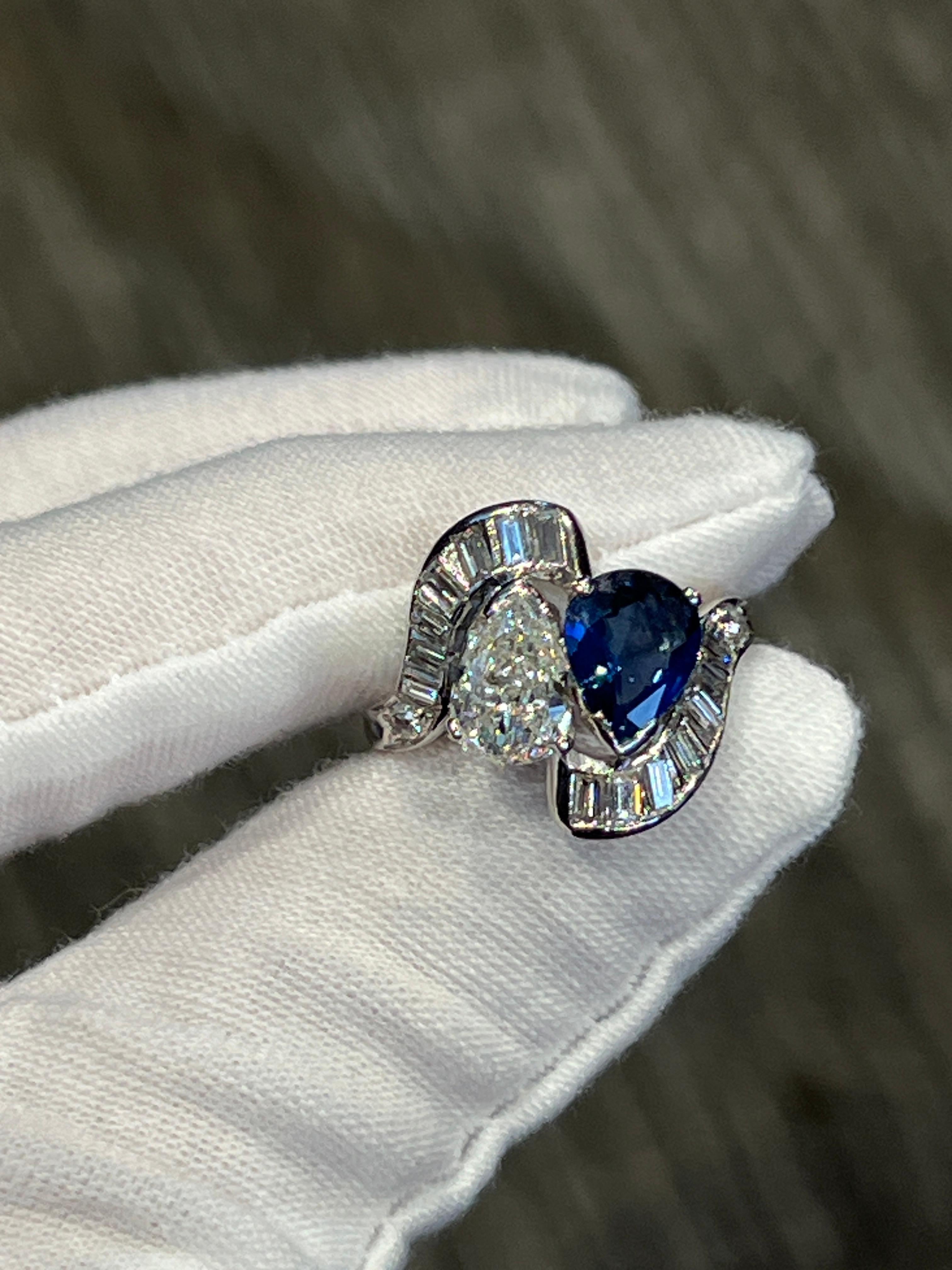 Mixed Cut Sapphire and Diamond You & Me ring For Sale