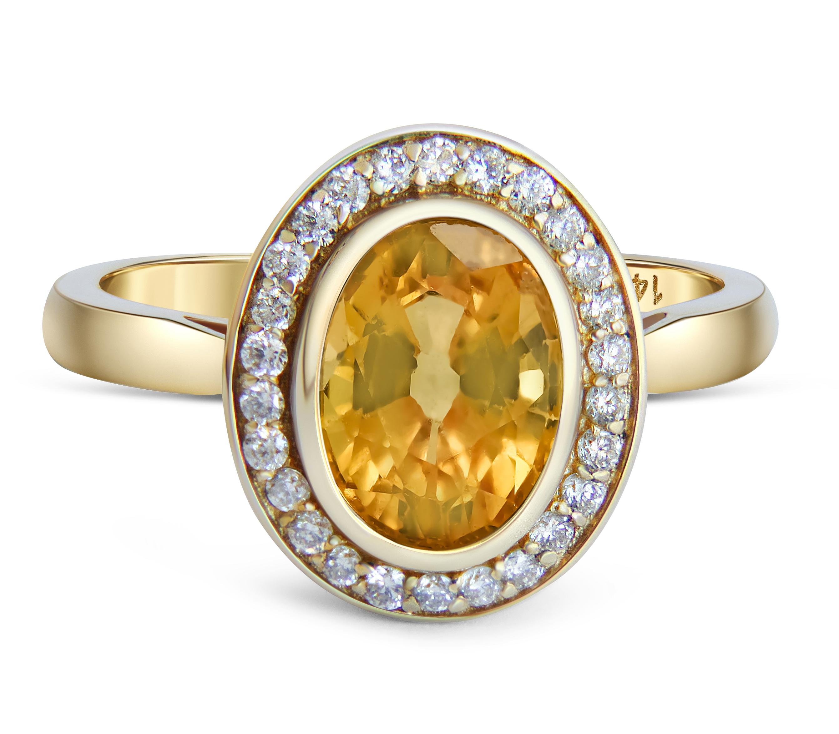 Sapphire and diamonds 14k gold ring. 
Oval Sapphire gold ring. Sapphire diamond halo ring. Yellow gemstone ring. September birthstone ring.

Metal: 14k gold
Weight: 3 gr depends from size

Gemstones:
Sapphire - 1 piece
Cut - oval
Color -