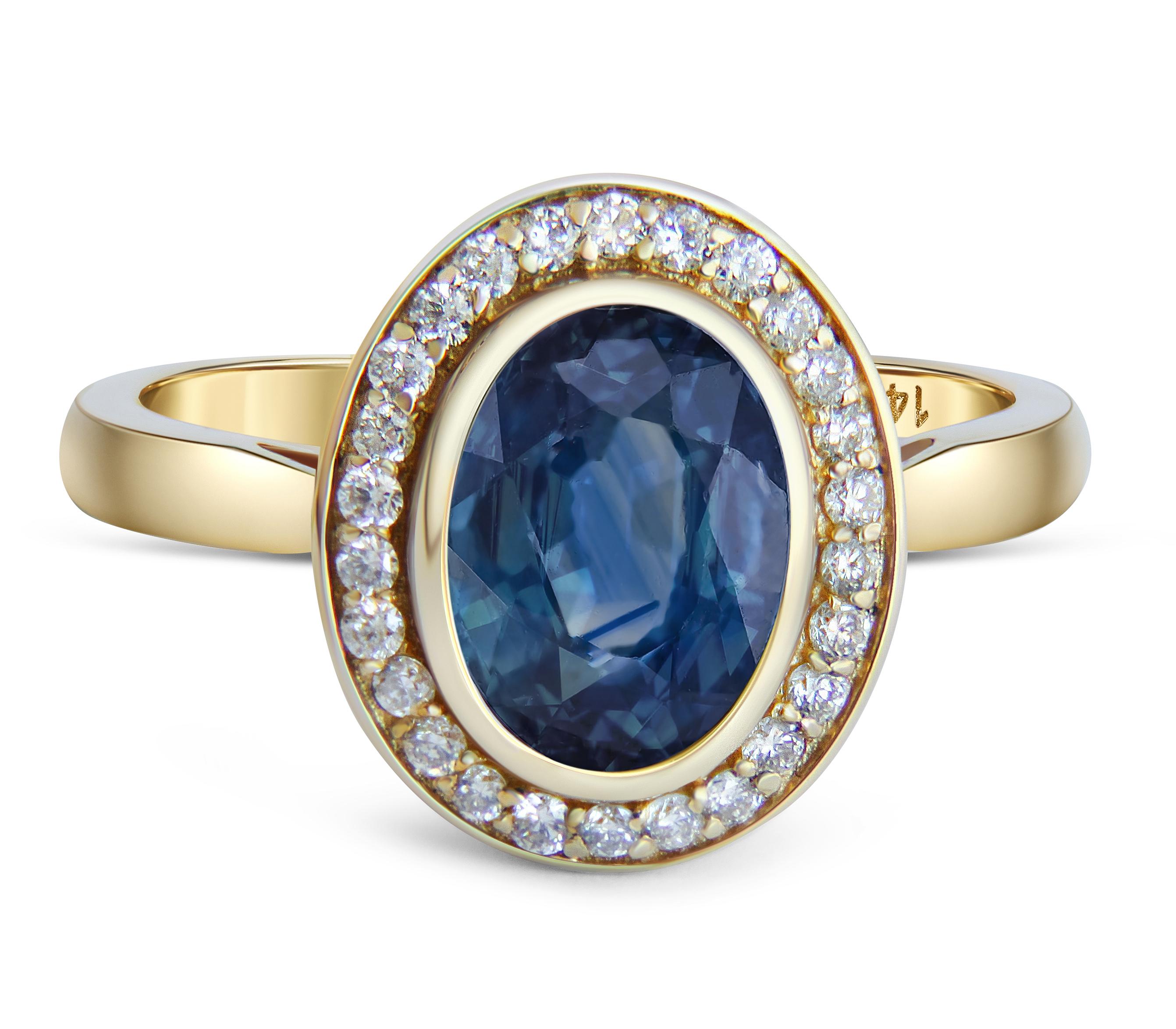 Sapphire and diamonds 14k gold ring. 
Oval Sapphire gold ring. Sapphire diamond halo ring. Blue gemstone ring. September birthstone ring.

Metal: 14k gold
Weight: 3 gr depends from size

Gemstones:
Sapphire - 1 piece
Cut - oval
Color - blue
Weight -