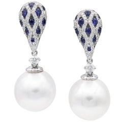 South Sea Pearl Sapphire Diamond Drop Earrings 1.28 Carats 18K