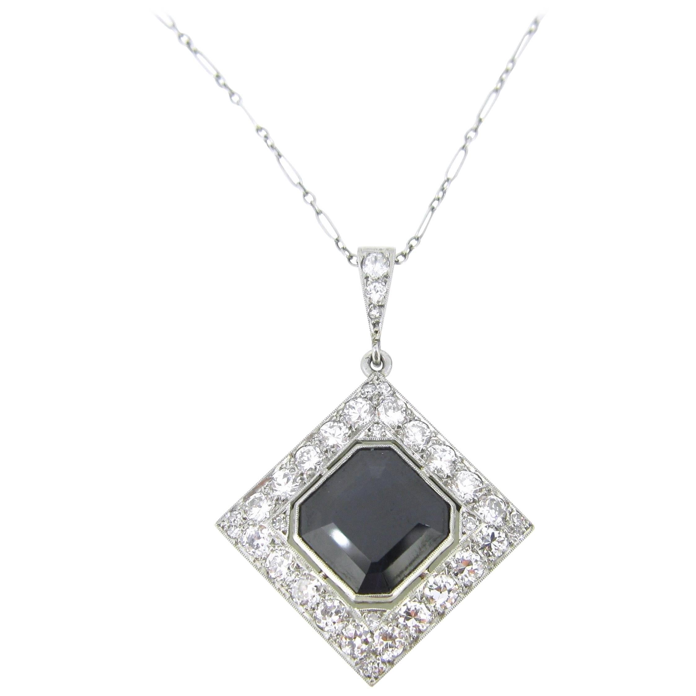 Sapphire and Diamonds Art Deco French Pendant Necklace