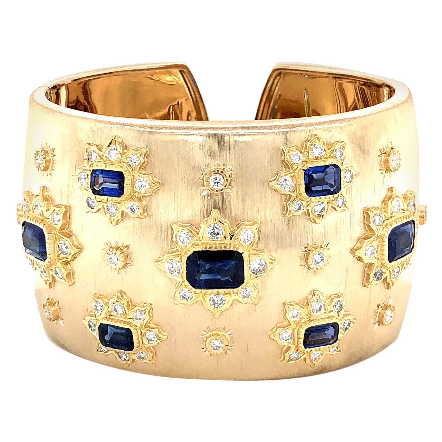 Sapphire and Diamonds Cuff Bangle 18 Karat Gold