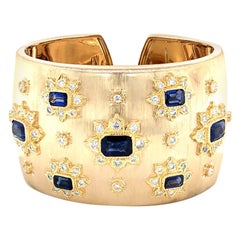 Sapphire and Diamonds Cuff Bangle 18 Karat Gold