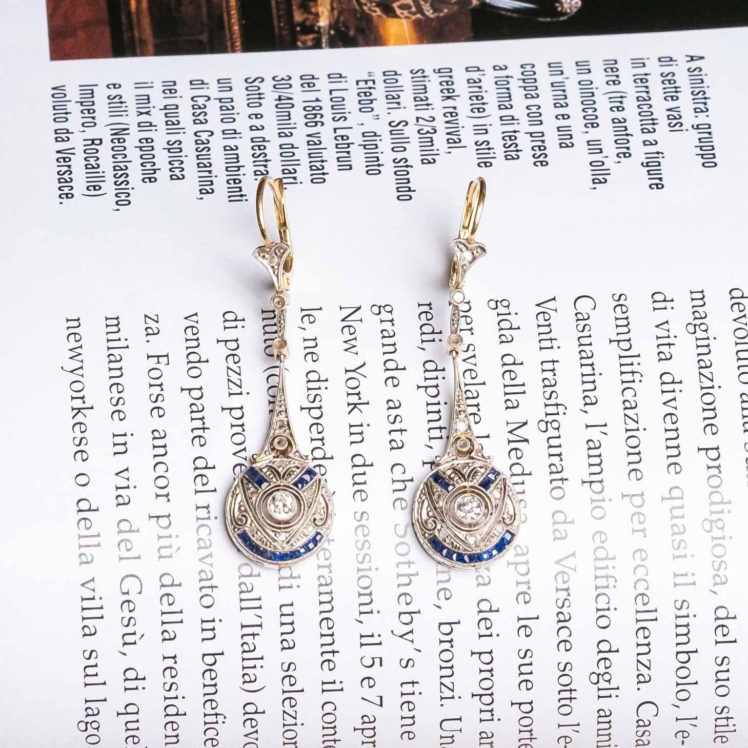 Old European Cut Sapphire and diamonds deco earrings For Sale