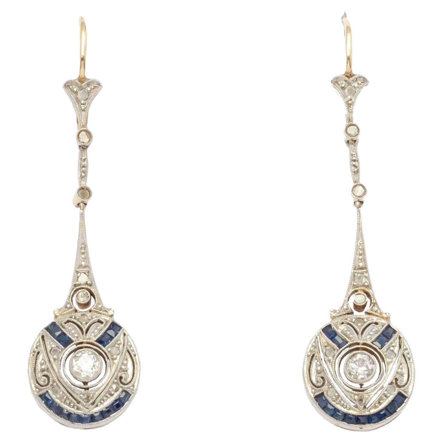 Sapphire and diamonds deco earrings