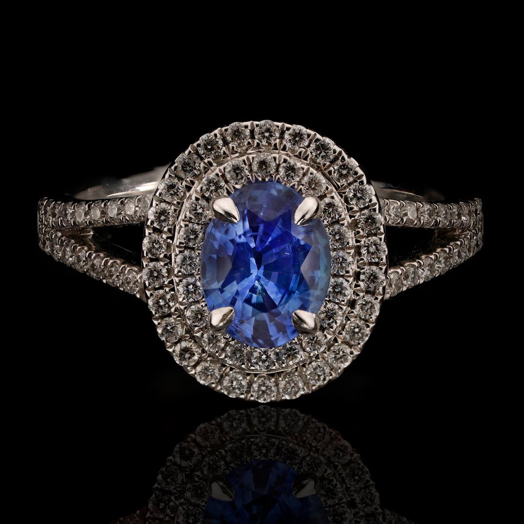 Doppelter Halo-Ring mit Saphiren und Diamanten Damen im Angebot