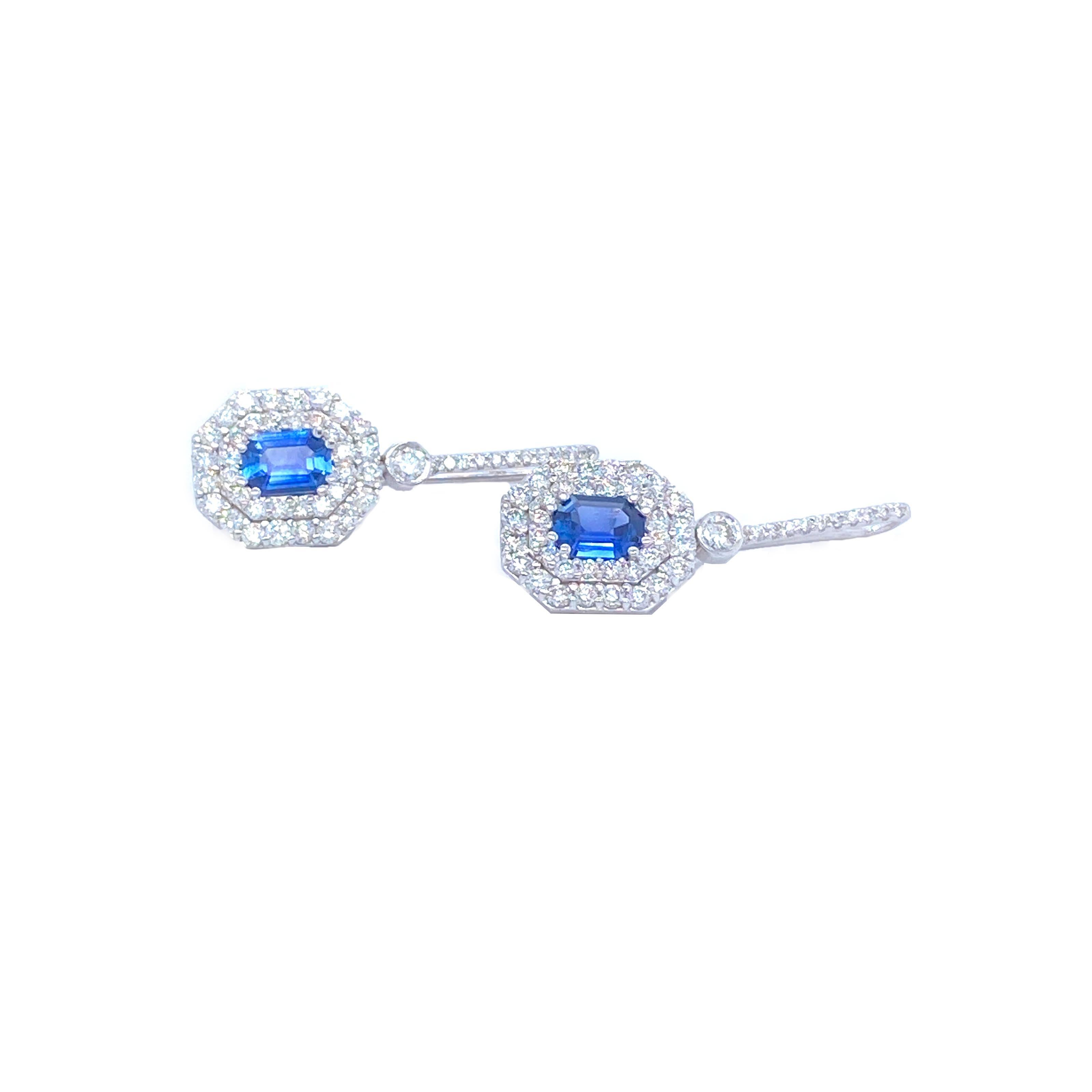 Radiant Cut Sapphire and Diamonds Earrings 18 Karat Gold