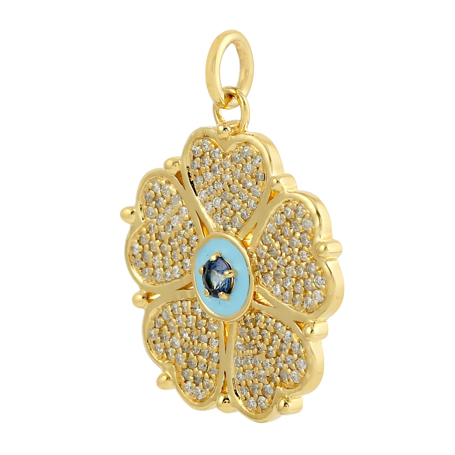 Artisan Pendentif en or jaune 14k avec saphir et diamants et trèfle des cœurs en vente