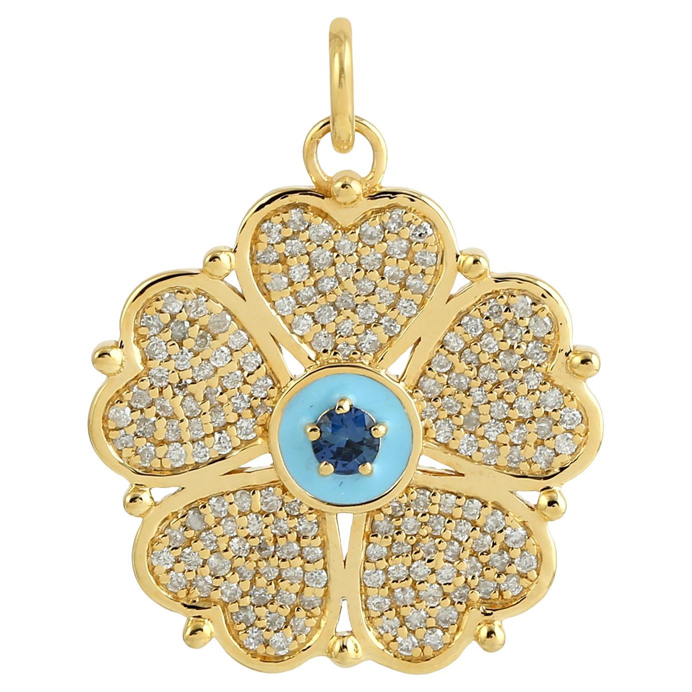 Sapphire and Diamonds Hearts Clover Pendant Made In 14k Yellow Gold