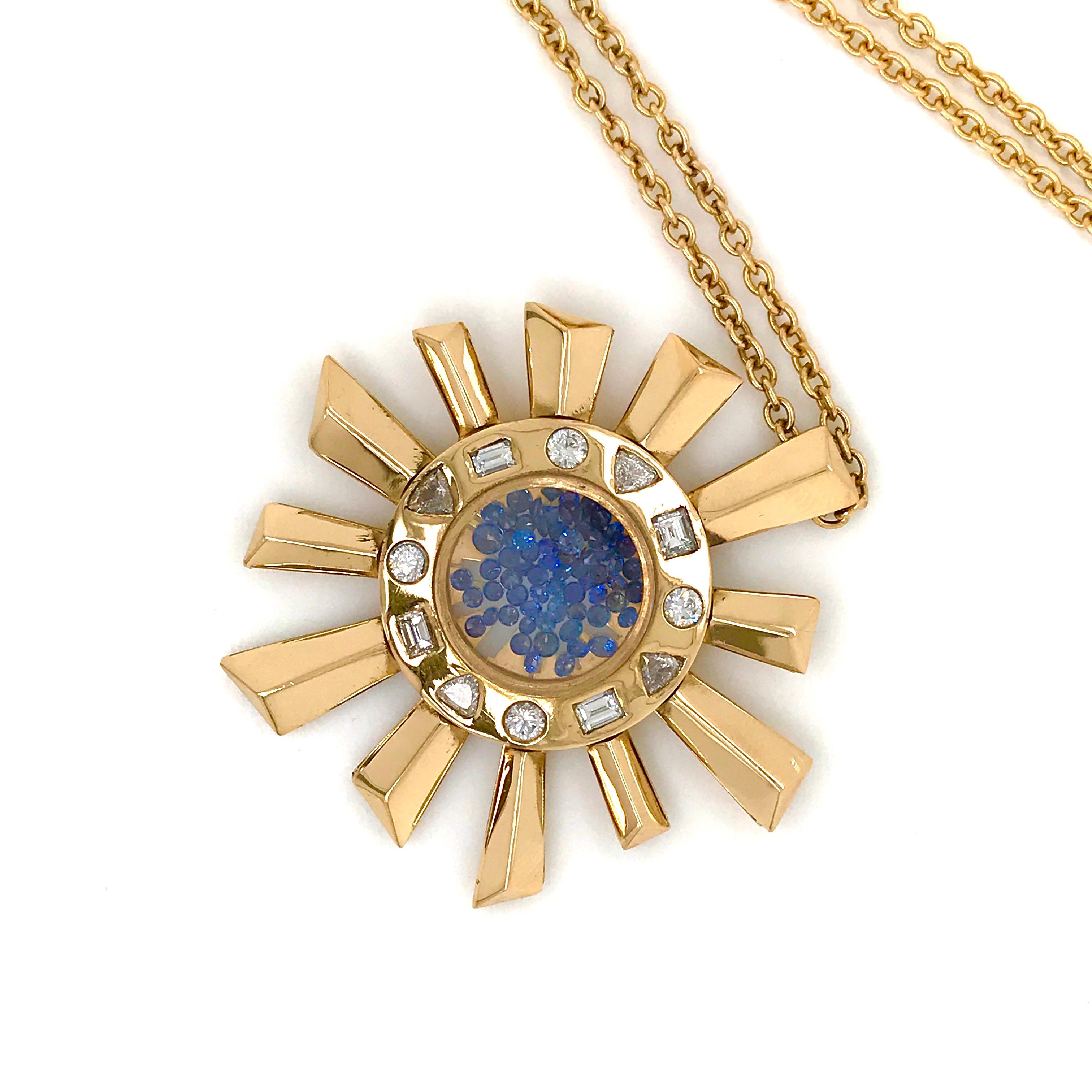 Sapphire and Diamonds Necklace on a Yellow Gold 18 Karat Pendant in Sun Shape 4