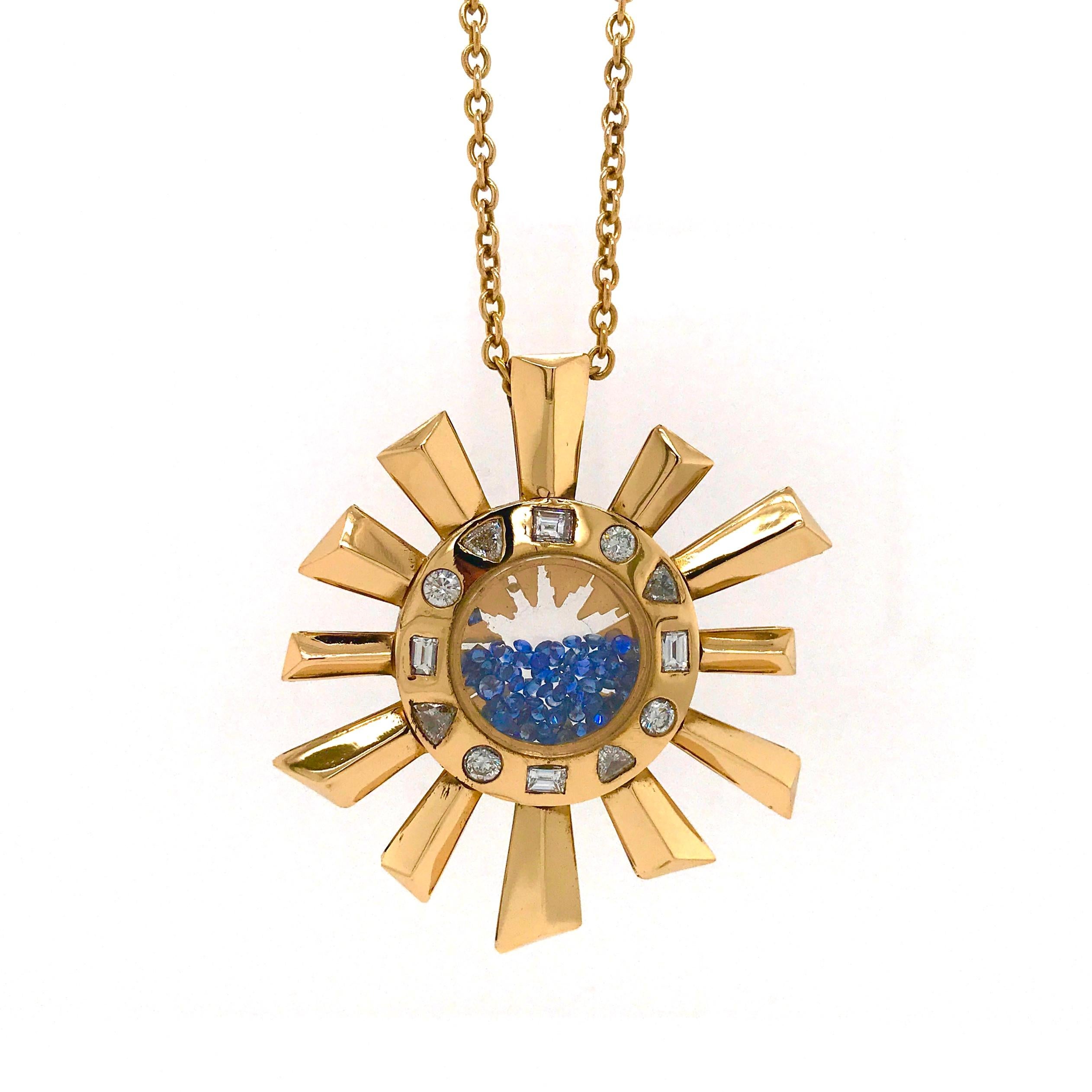 Sapphire and Diamonds Necklace on a Yellow Gold 18 Karat Pendant in Sun Shape 2