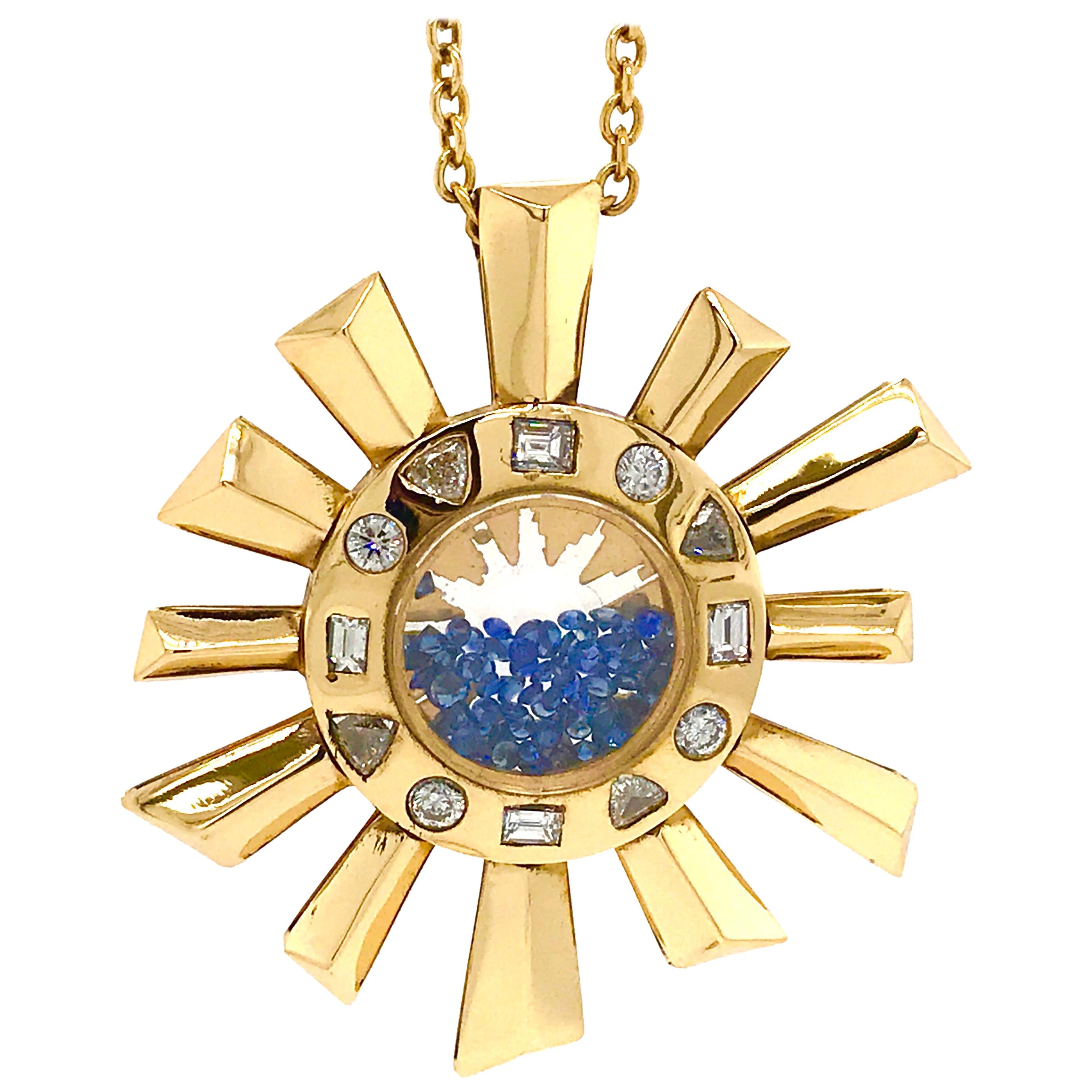 Sapphire and Diamonds Necklace on a Yellow Gold 18 Karat Pendant in Sun Shape