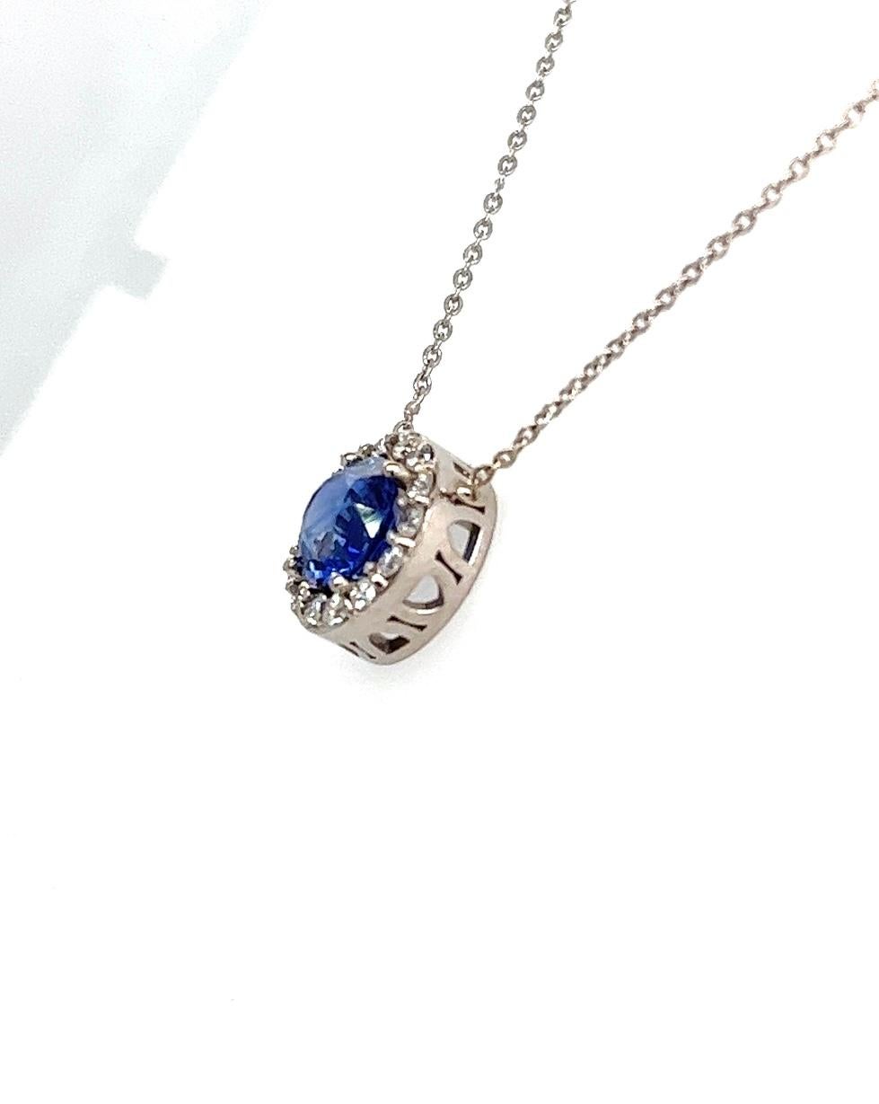 Round Cut Sapphire and Diamonds Pendant in 14K. For Sale
