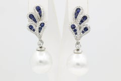 Pendientes de Zafiro y Diamantes con Perlas del Mar del Sur Colgantes