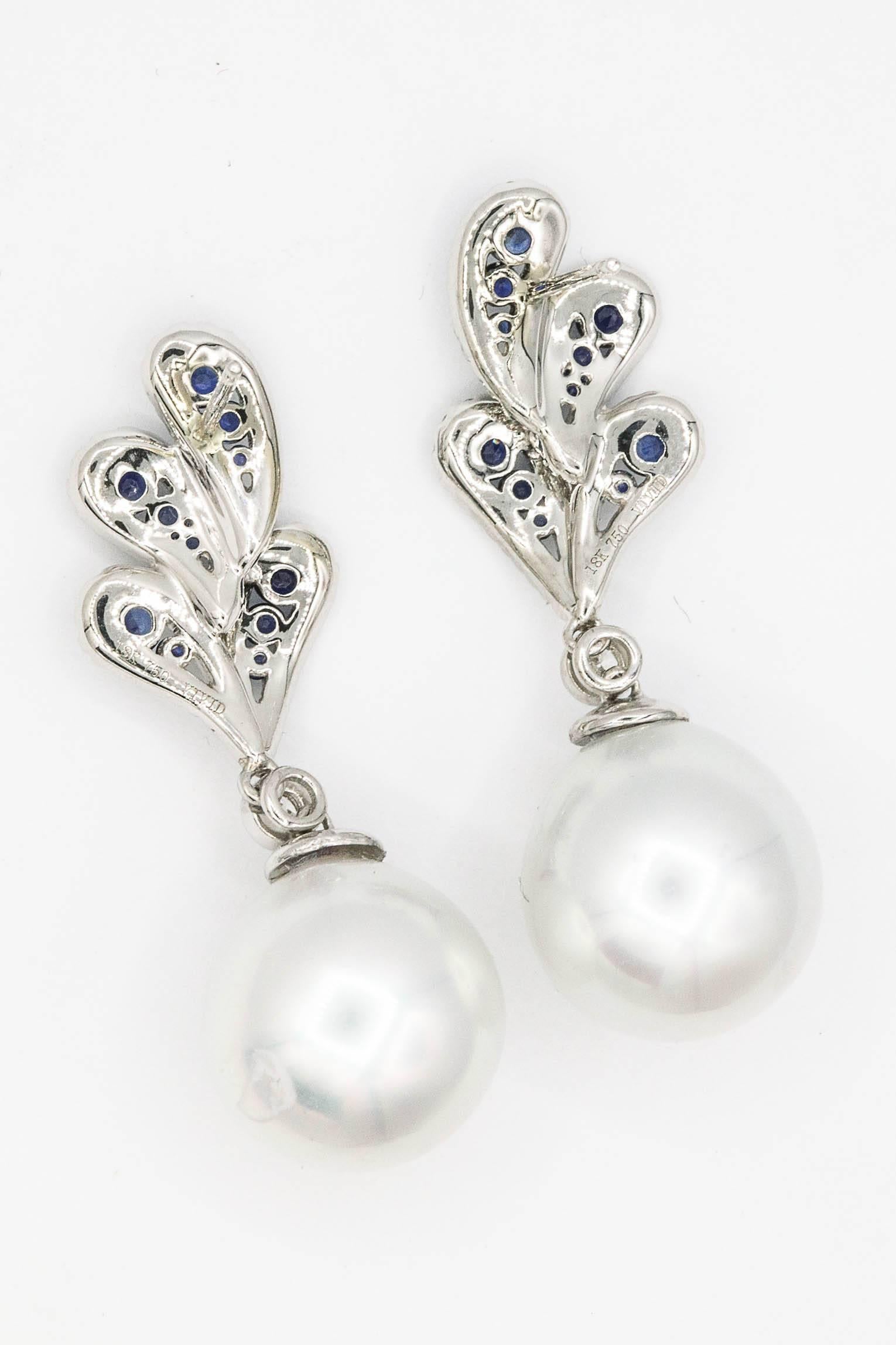 Contemporary Sapphire and Diamonds with Dangle South Sea Pearl Earrings For Sale