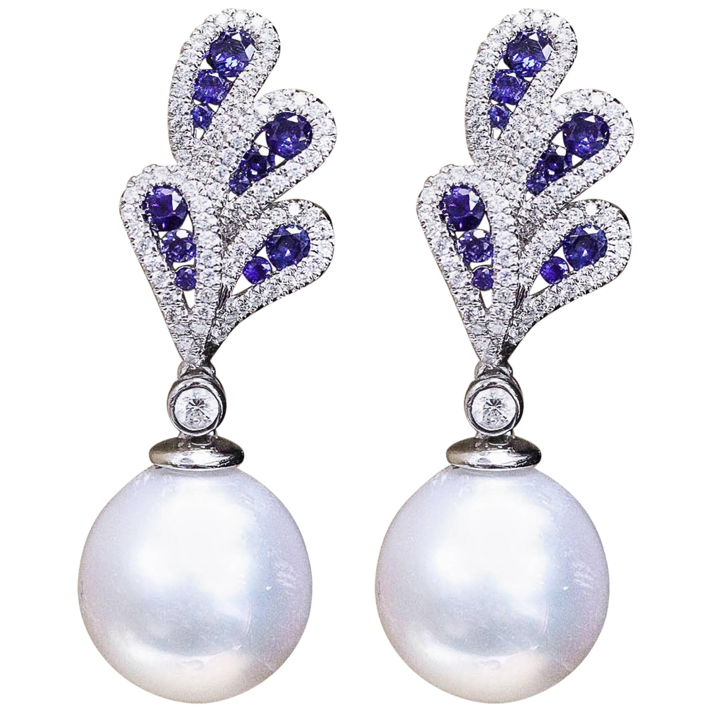 Sapphire and Diamonds with Dangle South Sea Pearl Earrings