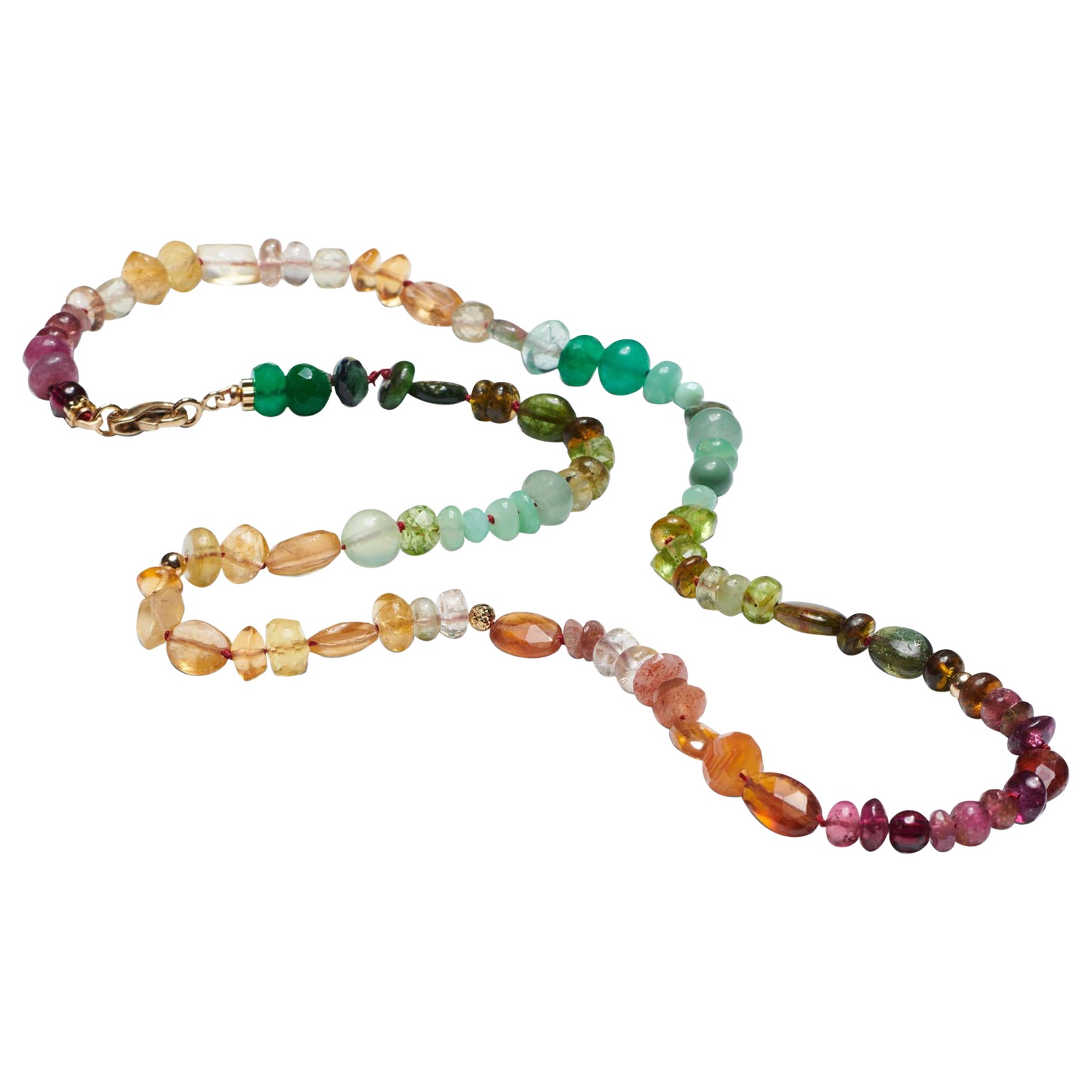 Modern Sapphire and Emerald 14K Gold Beaded Necklace with Ruby For Sale