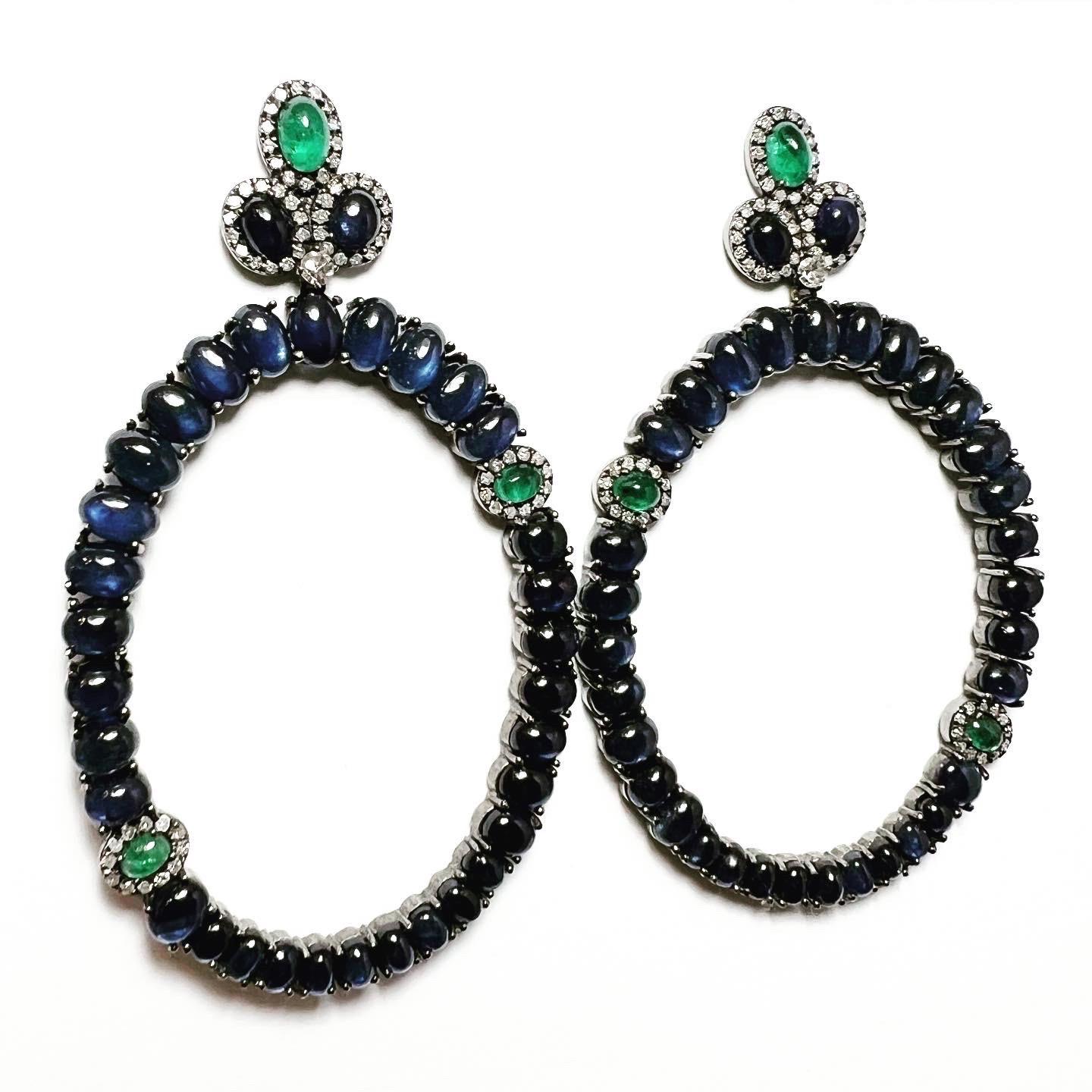 Women's or Men's Sapphire and Emerald Cabochon Diamond Frontal Hoop Stud Earrings For Sale
