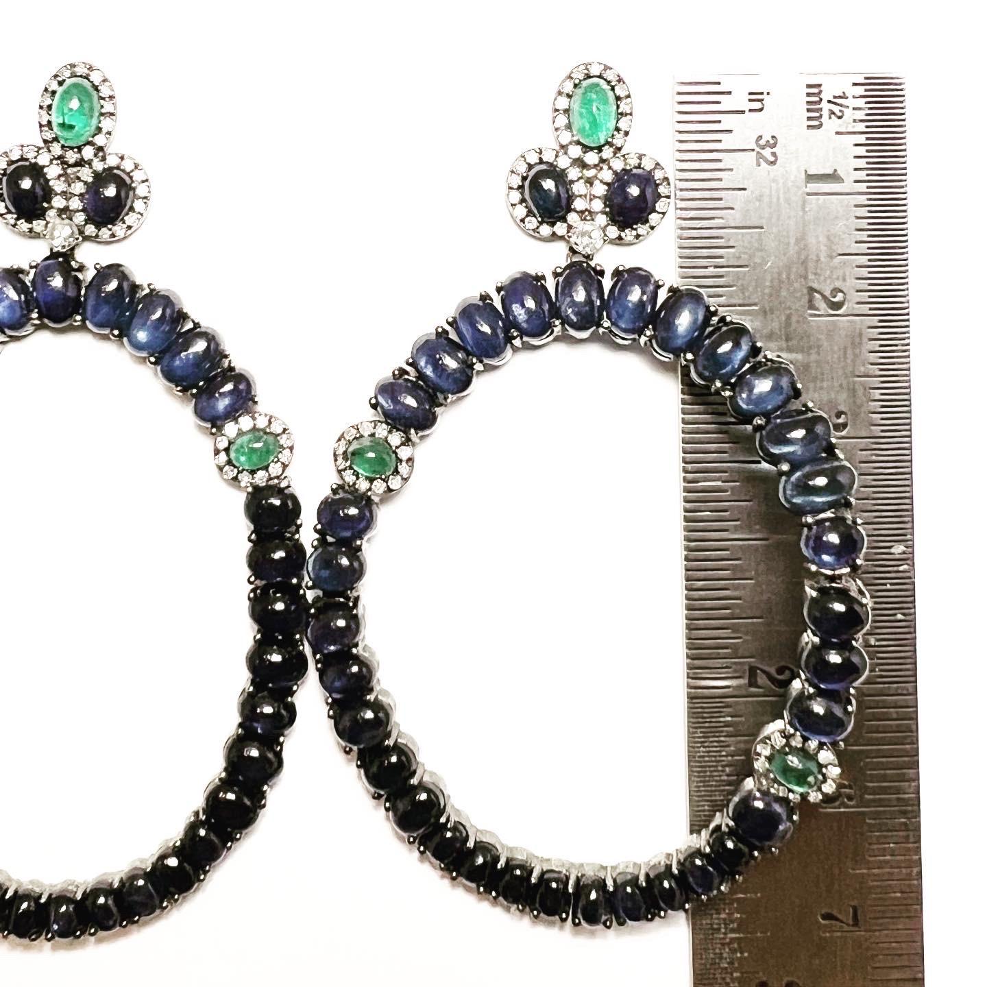 Sapphire and Emerald Cabochon Diamond Frontal Hoop Stud Earrings For Sale 1