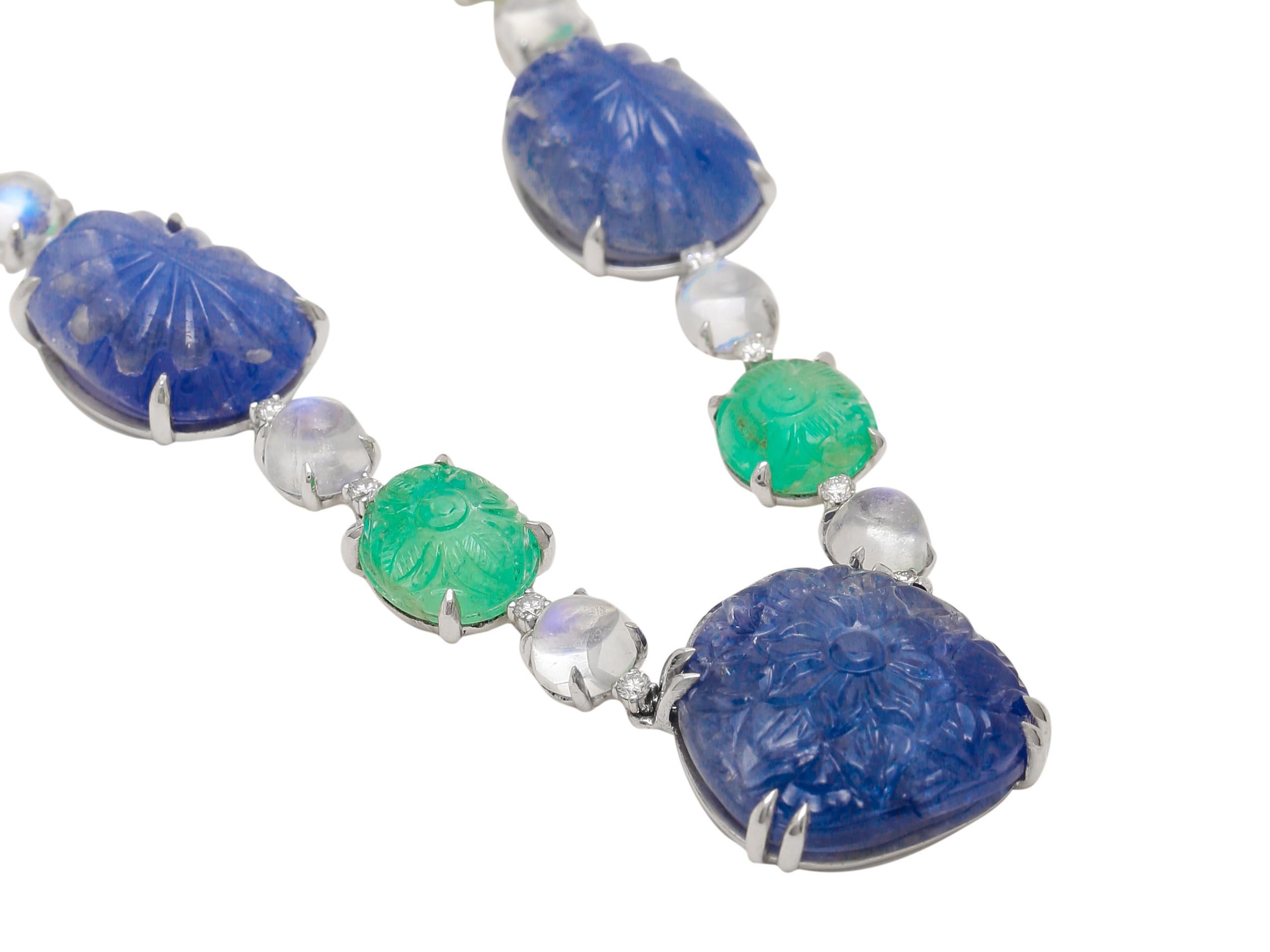 Art Deco Sapphire and Emerald Carved Necklace and Earring with Diamonds and Moonstone