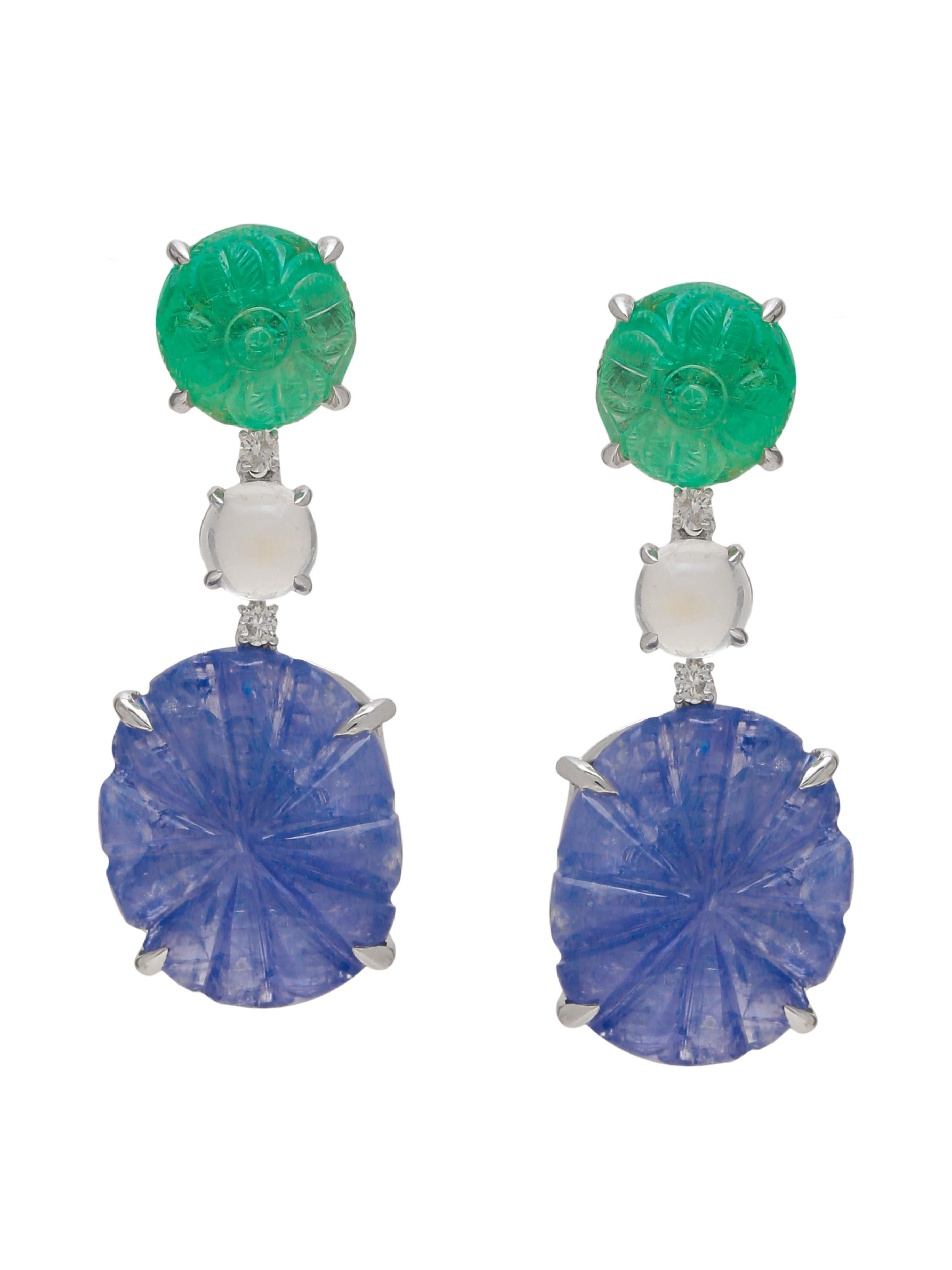 Cabochon Sapphire and Emerald Carved Necklace and Earring with Diamonds and Moonstone