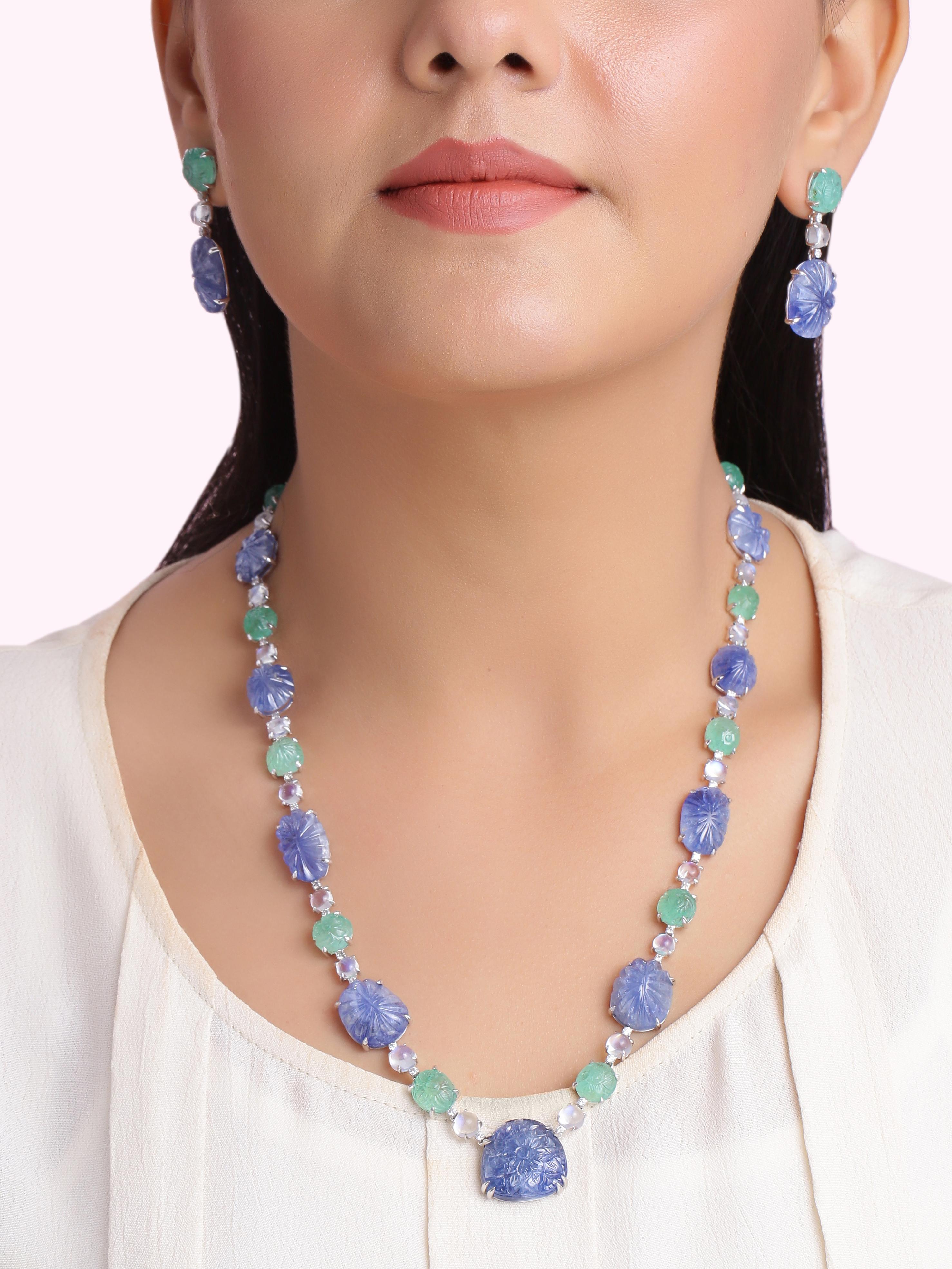Women's Sapphire and Emerald Carved Necklace and Earring with Diamonds and Moonstone