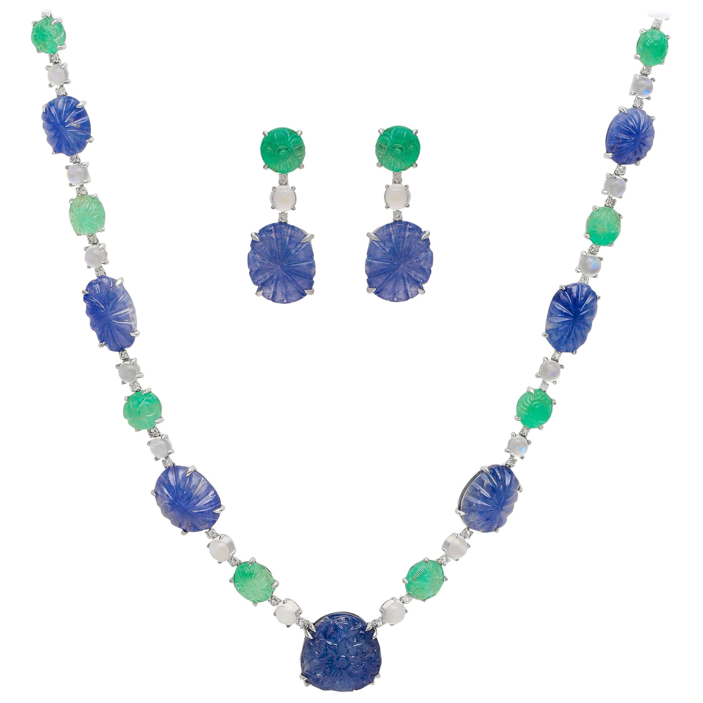 Sapphire and Emerald Carved Necklace and Earring with Diamonds and Moonstone