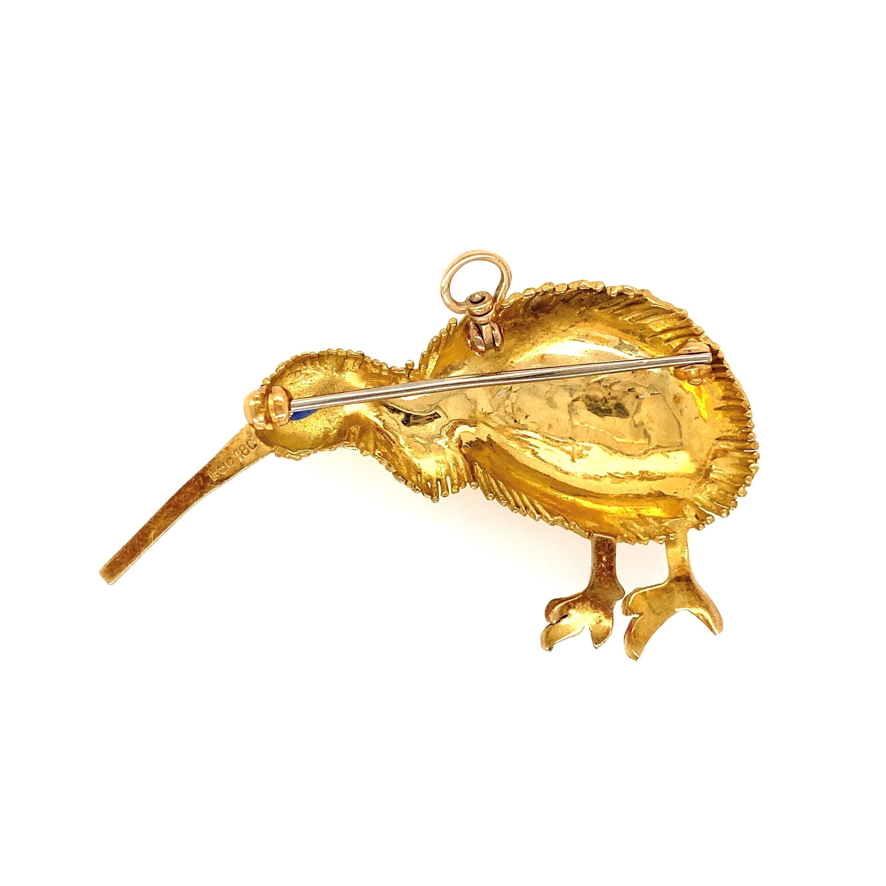 Awesome Finely detailed Brooch of an Ibis Bird with Almond shaped Sapphire Eyes. Hand crafted in 18K Gold and Enamel. Approx. 2.1” long. This brooch epitomizes vintage charm and would make a lovely compliment to any outfit. In excellent condition.