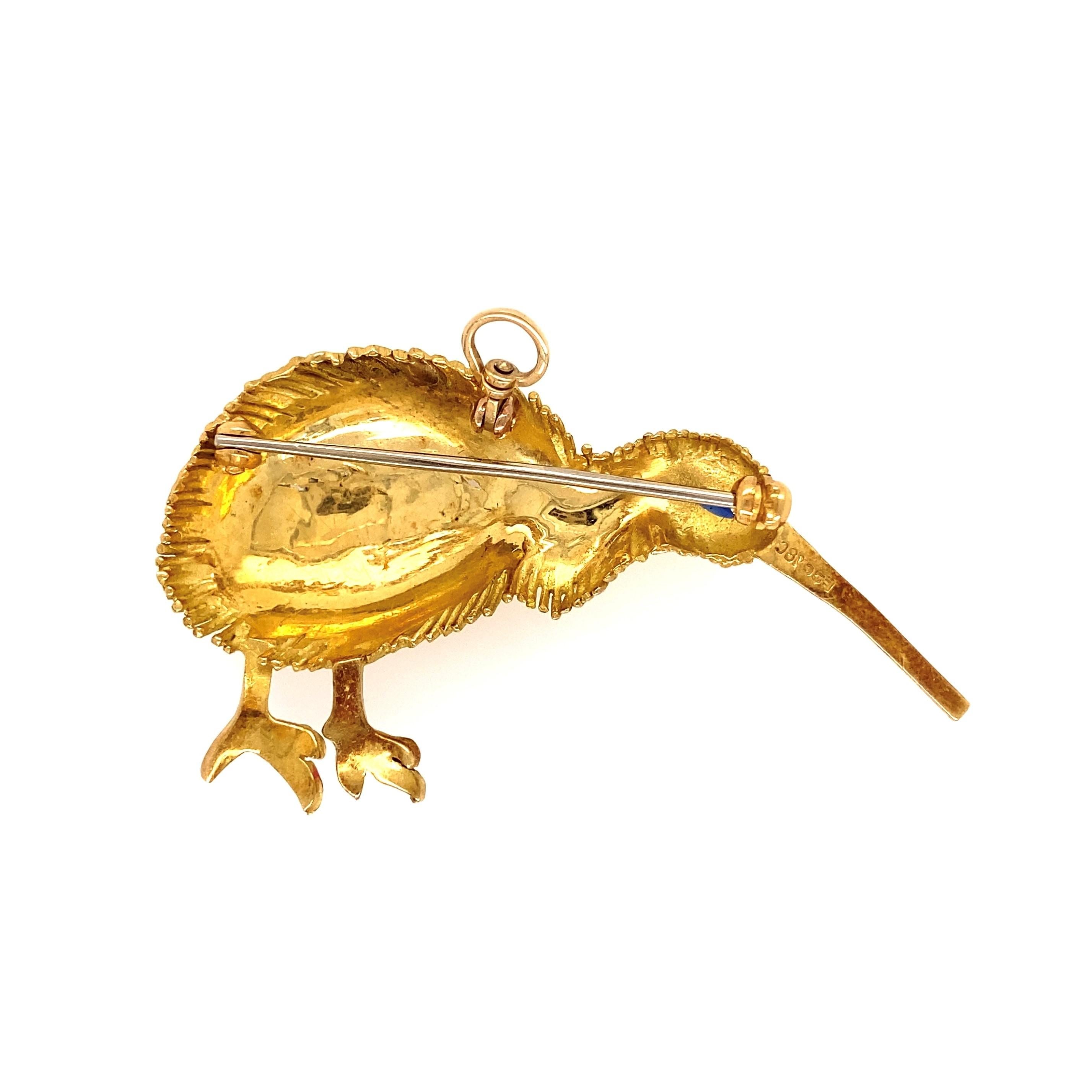 Marquise Cut Sapphire and Enamel Gold Ibis Bird Brooch Pin Estate Fine Jewelry