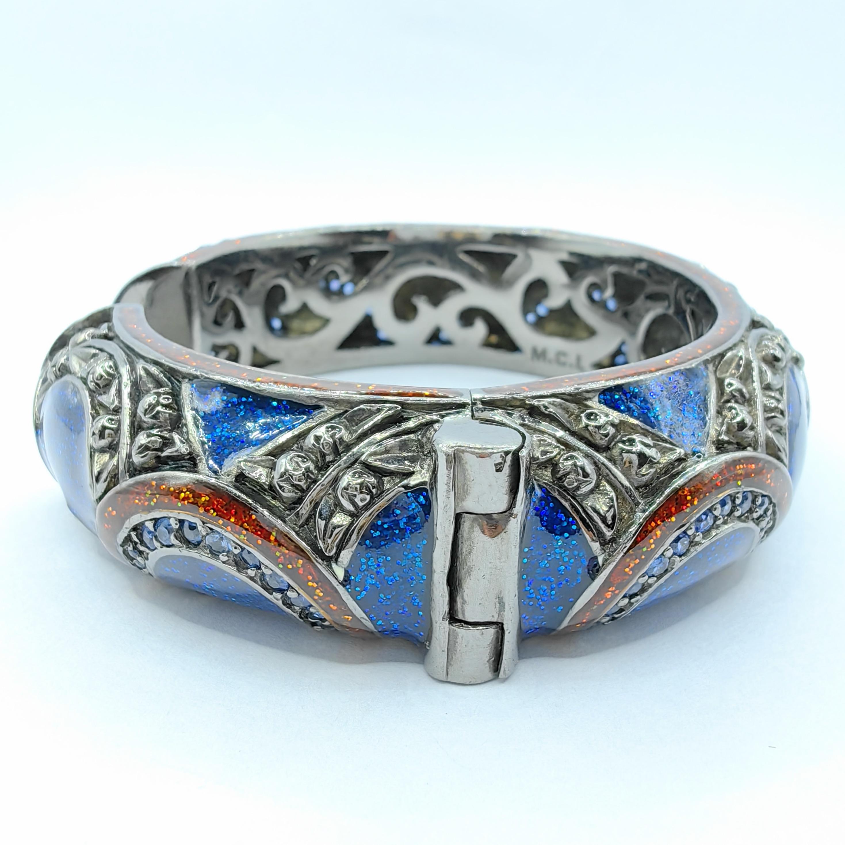 Saphir und glitzernde Emaille Bold Statement Manschettenarmband aus Sterling Silber (Zeitgenössisch)