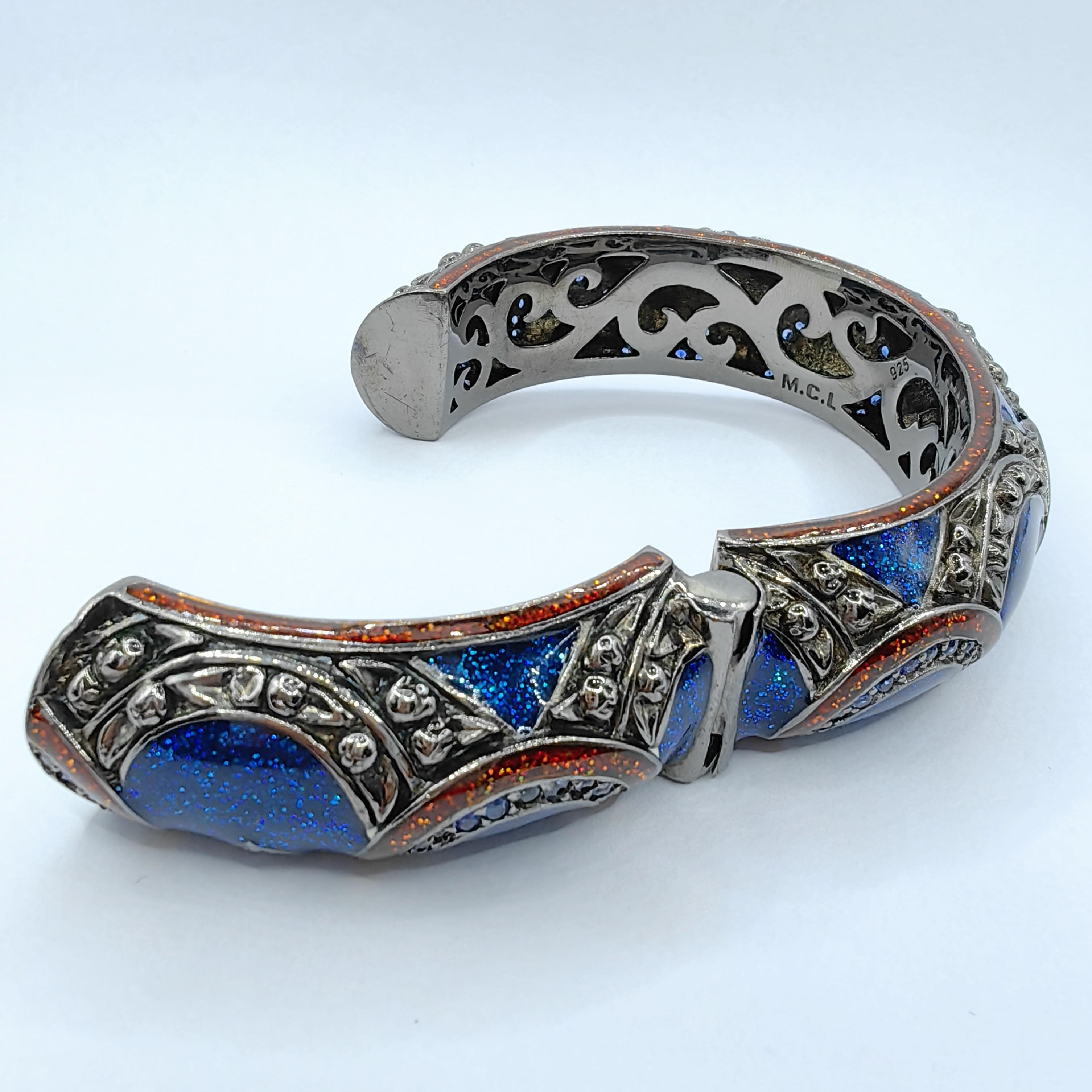 Saphir und glitzernde Emaille Bold Statement Manschettenarmband aus Sterling Silber für Damen oder Herren
