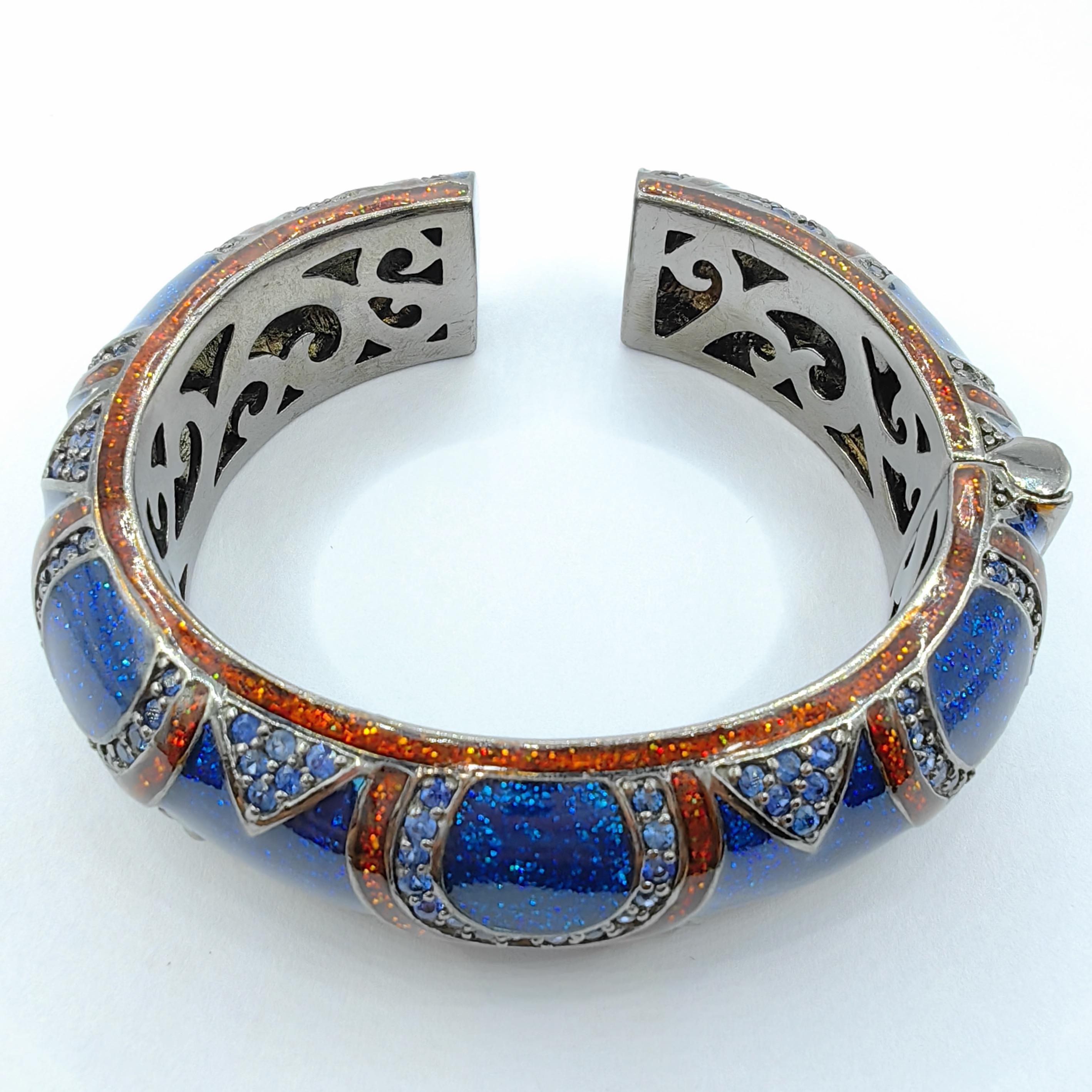 Saphir und glitzernde Emaille Bold Statement Manschettenarmband aus Sterling Silber 1