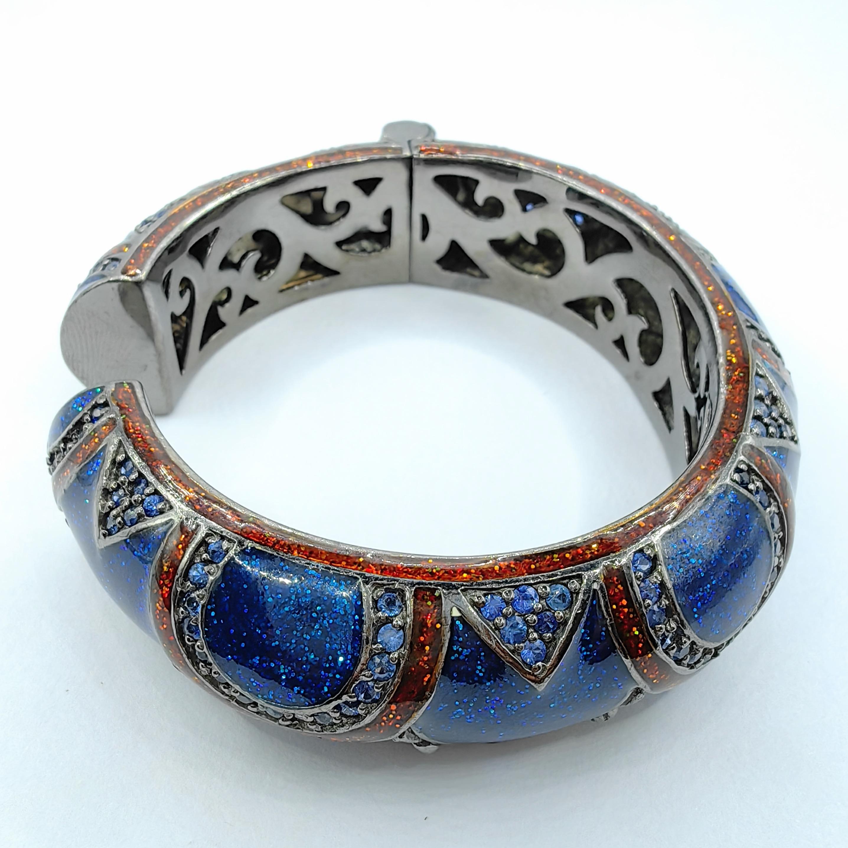 Saphir und glitzernde Emaille Bold Statement Manschettenarmband aus Sterling Silber 3