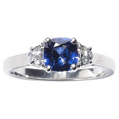 Sapphire and Half Moon Diamond Platinum Ring