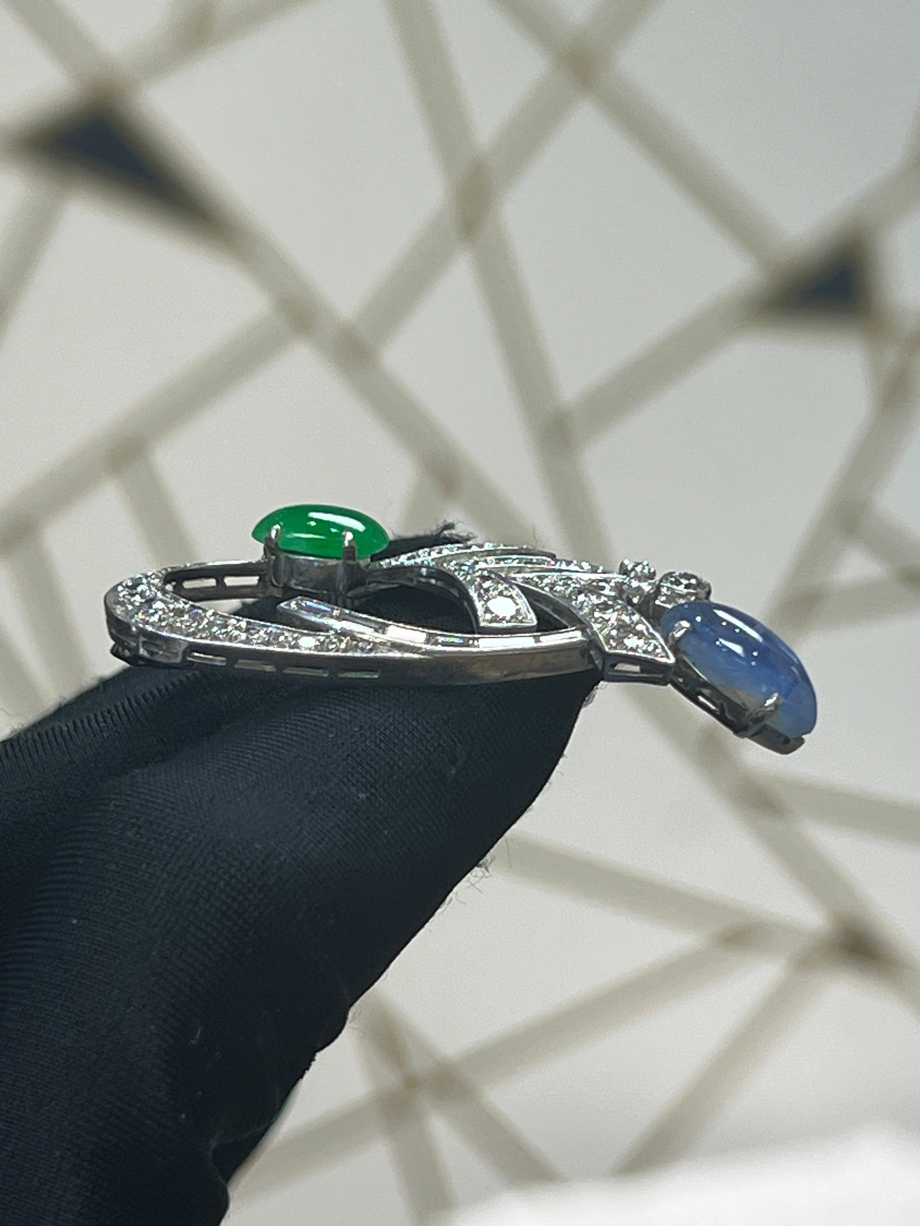 Mixed Cut Sapphire and Jade Brooch For Sale