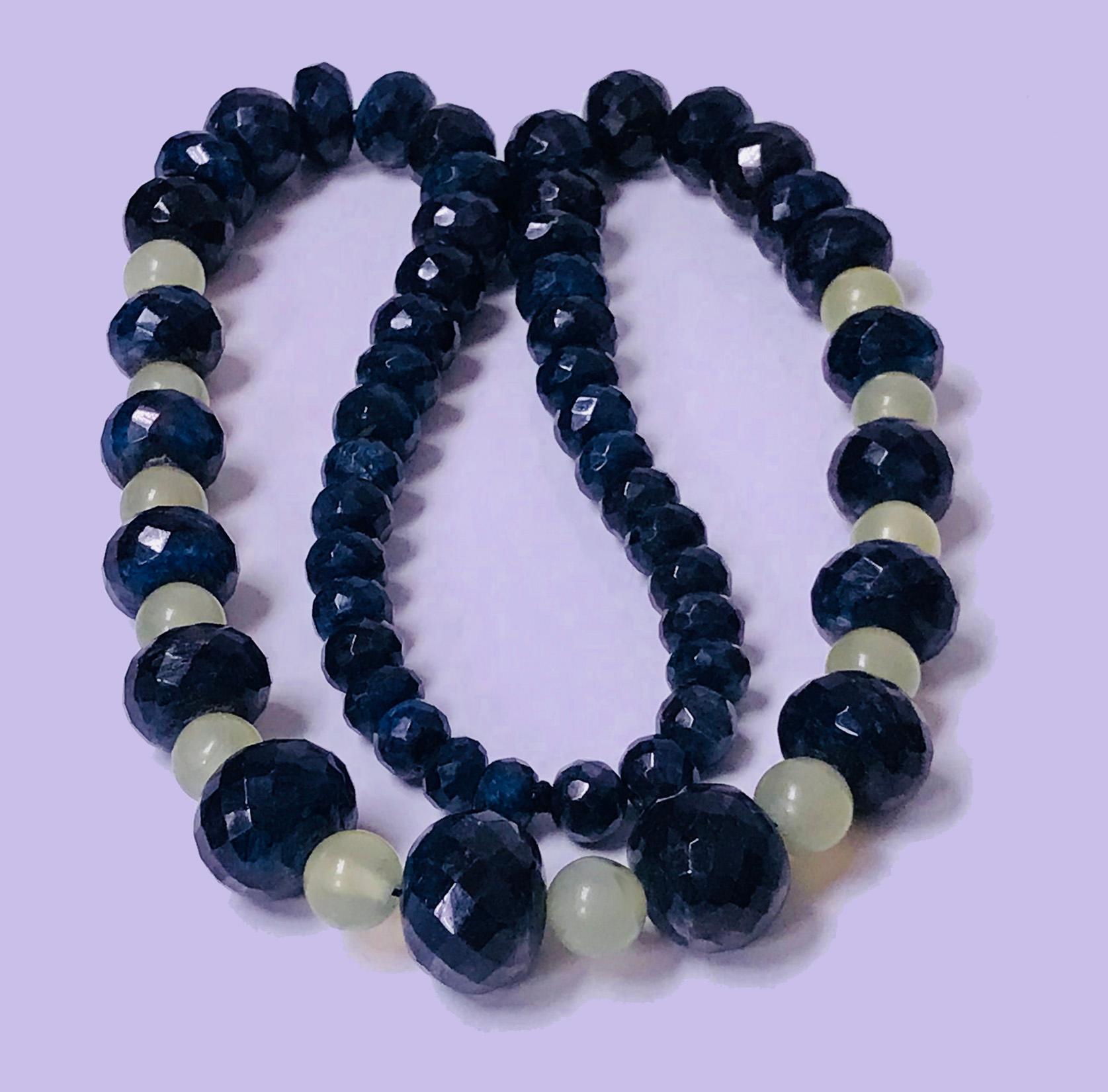 Blue Sapphire and Jade Necklace. The Necklace set with 53 rondelle faceted blue sapphire, total approximate weight 650 cts, gauging approximately 9.50 - 20.00 mm, interspaced with 12 natural light green jade, gauging approximately 11.00-11.50 mm.