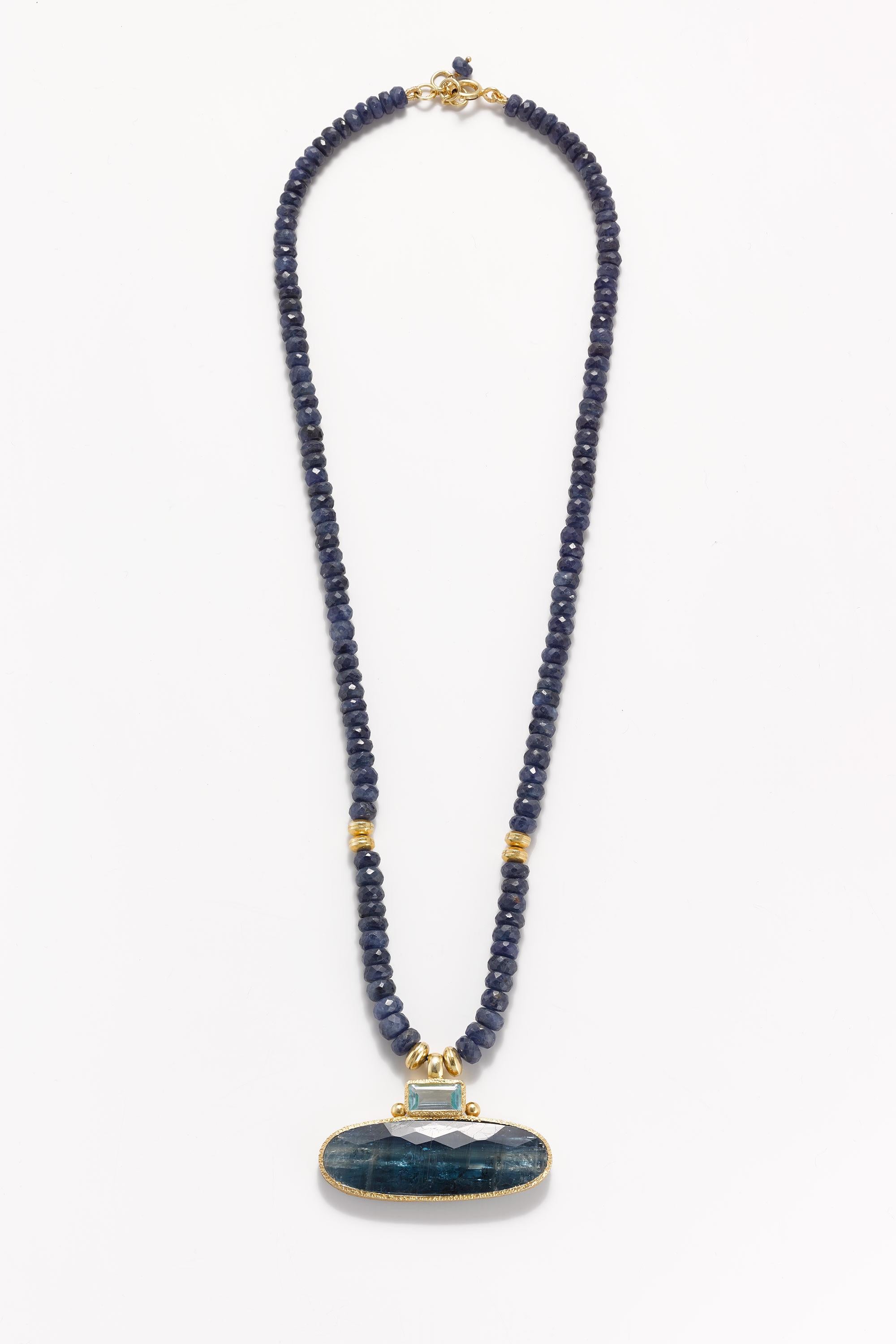 Modern Sapphire and Kyanite 24K Gold Vermeil Pendant Necklace For Sale