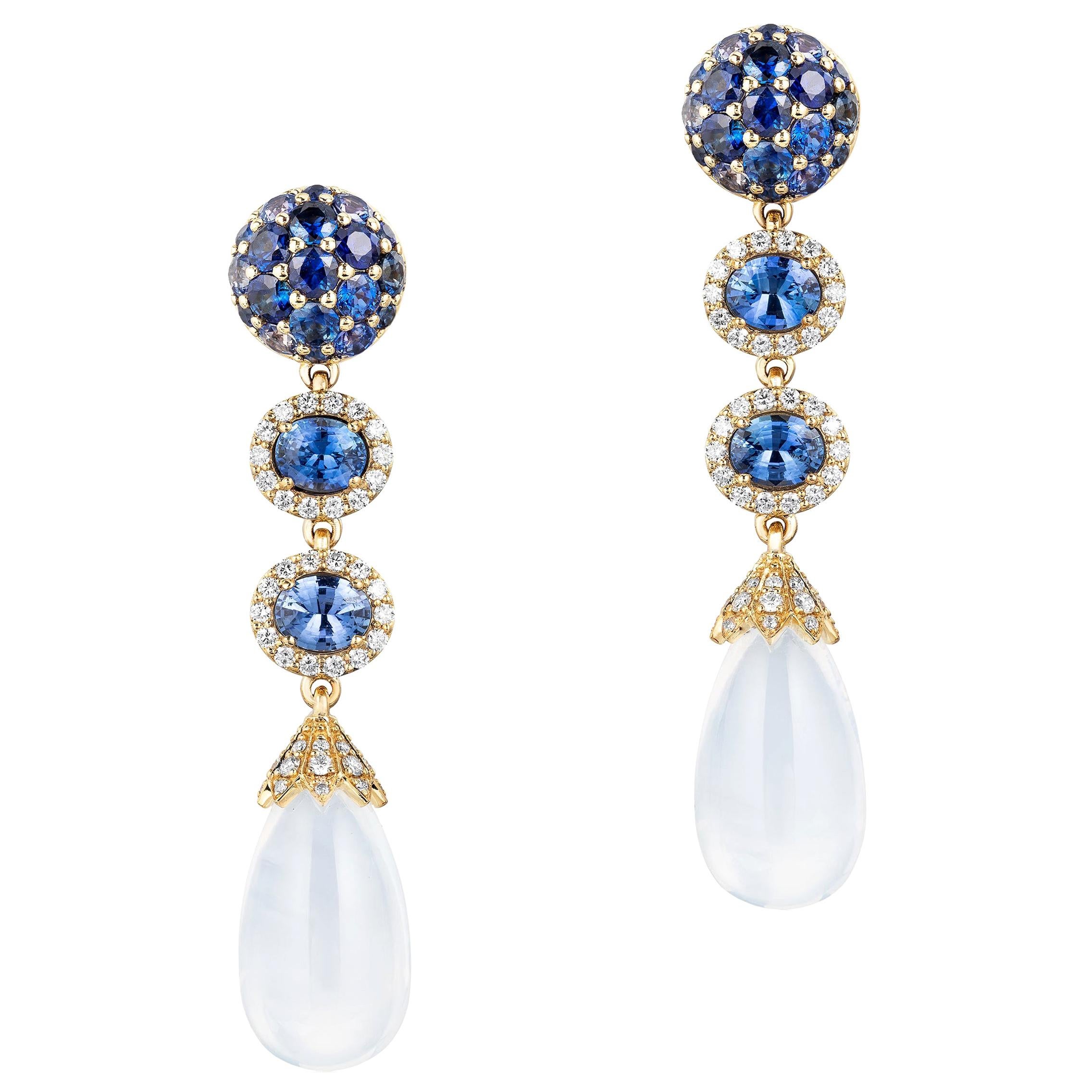 Goshwara Sapphire and Moon Quartz Drop With Diamond Earrings For Sale