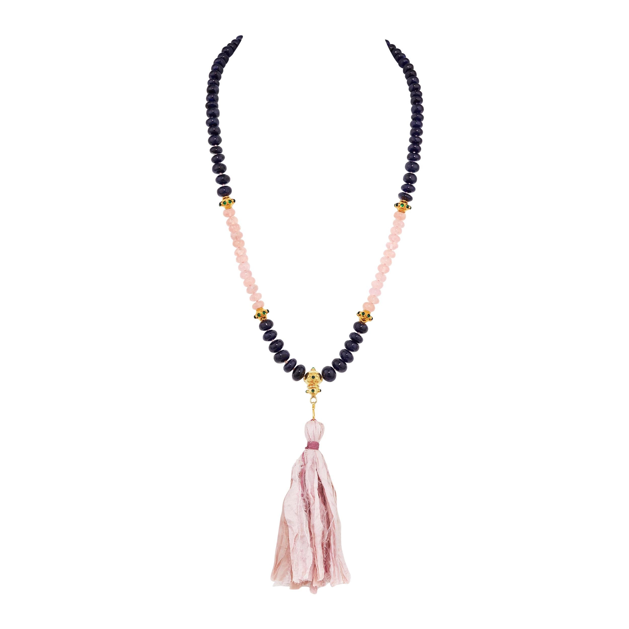 Sapphire and Morganite Mala / Meditation / Prayer Necklace in 18 Karat Gold For Sale