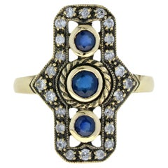 Sapphire and Old Cut Diamond Art Deco Style Vertical Three Stone Ring in 9k Gold
